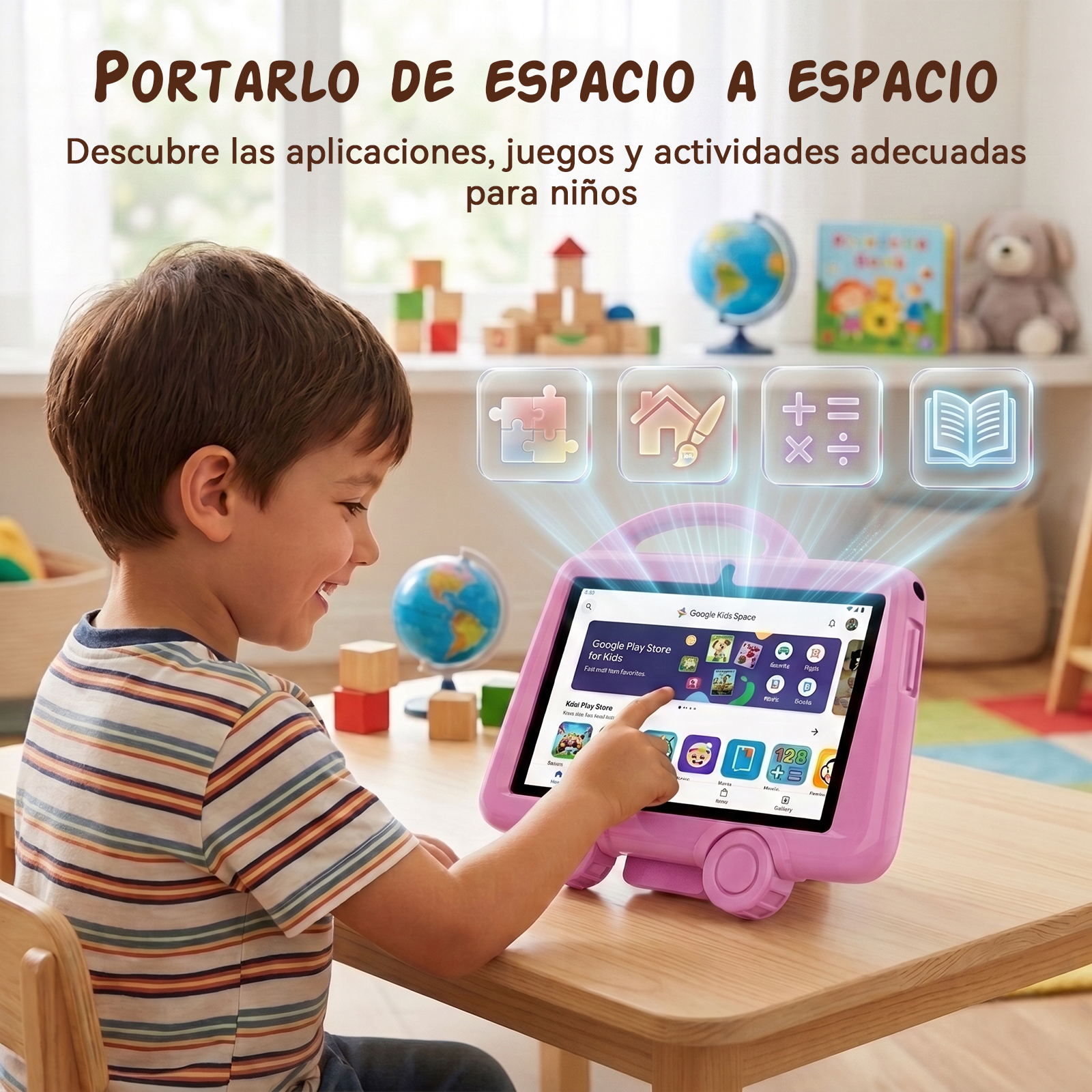 Un niño con camisa a rayas toca la pantalla de una tableta rosa para niños con iconos de aplicaciones.