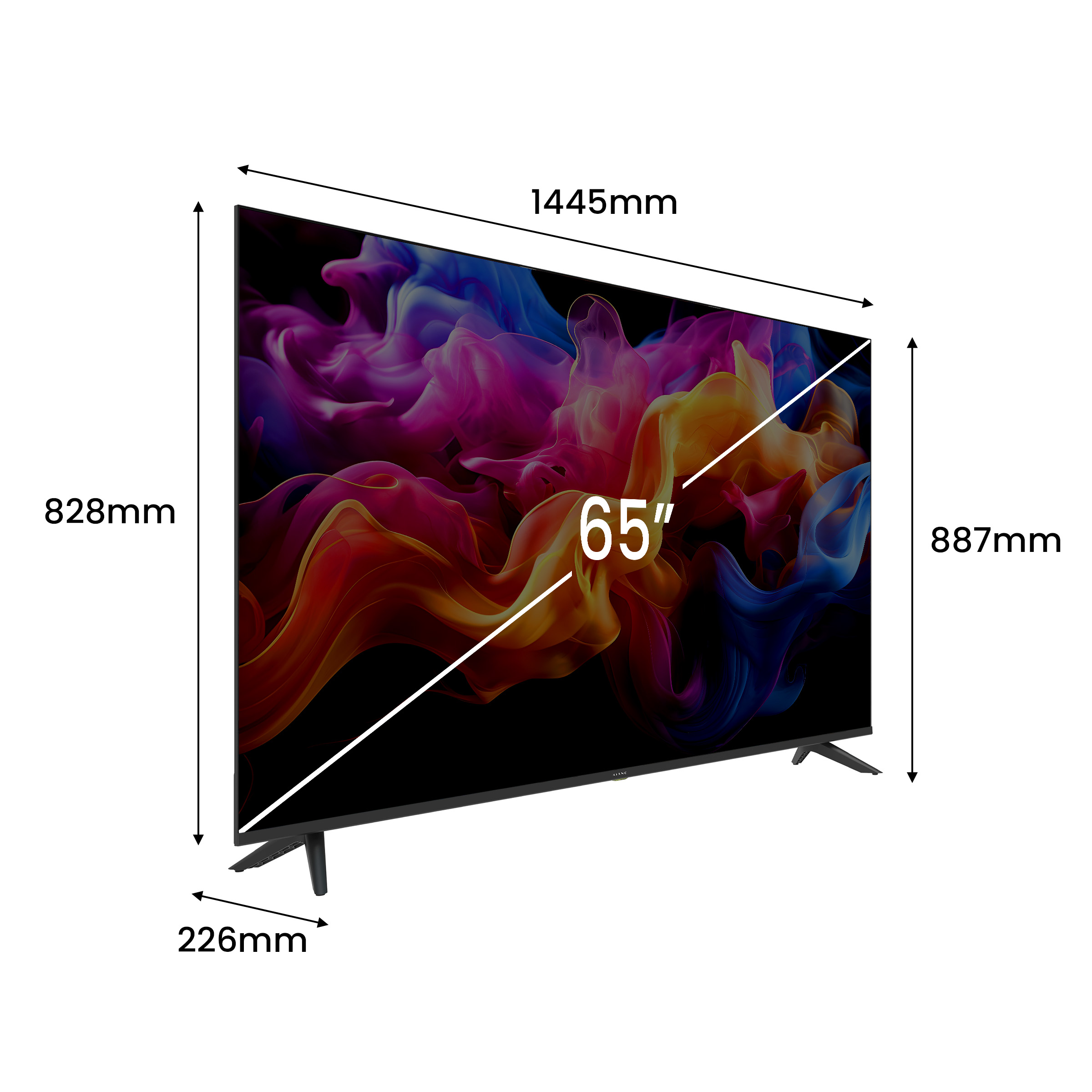 Un televisor de 65 pulgadas que muestra gráficos abstractos coloridos en pantalla con medidas de dimensión.