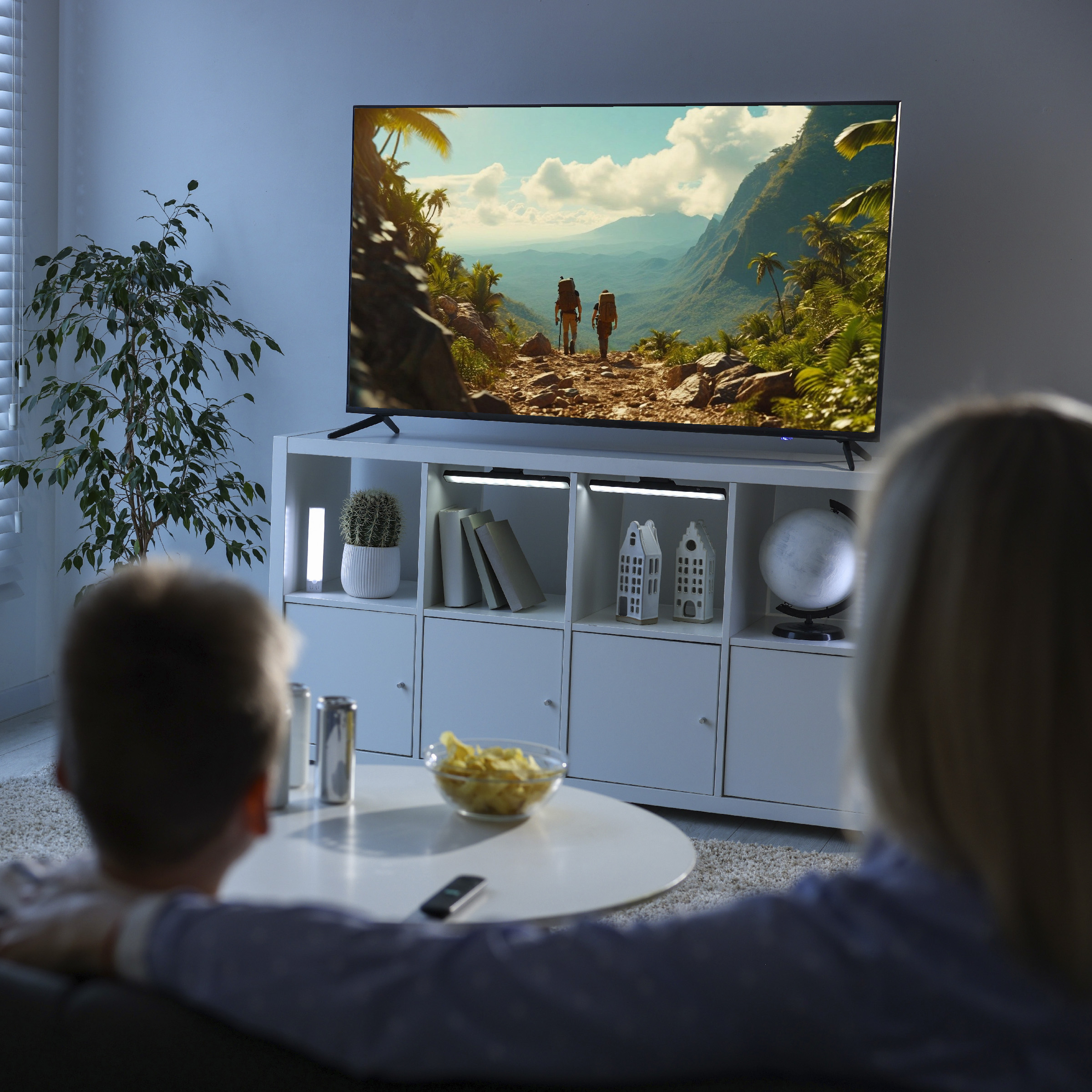 Una madre y un niño se sientan en un sofá viendo la televisión en una sala de estar acogedora.