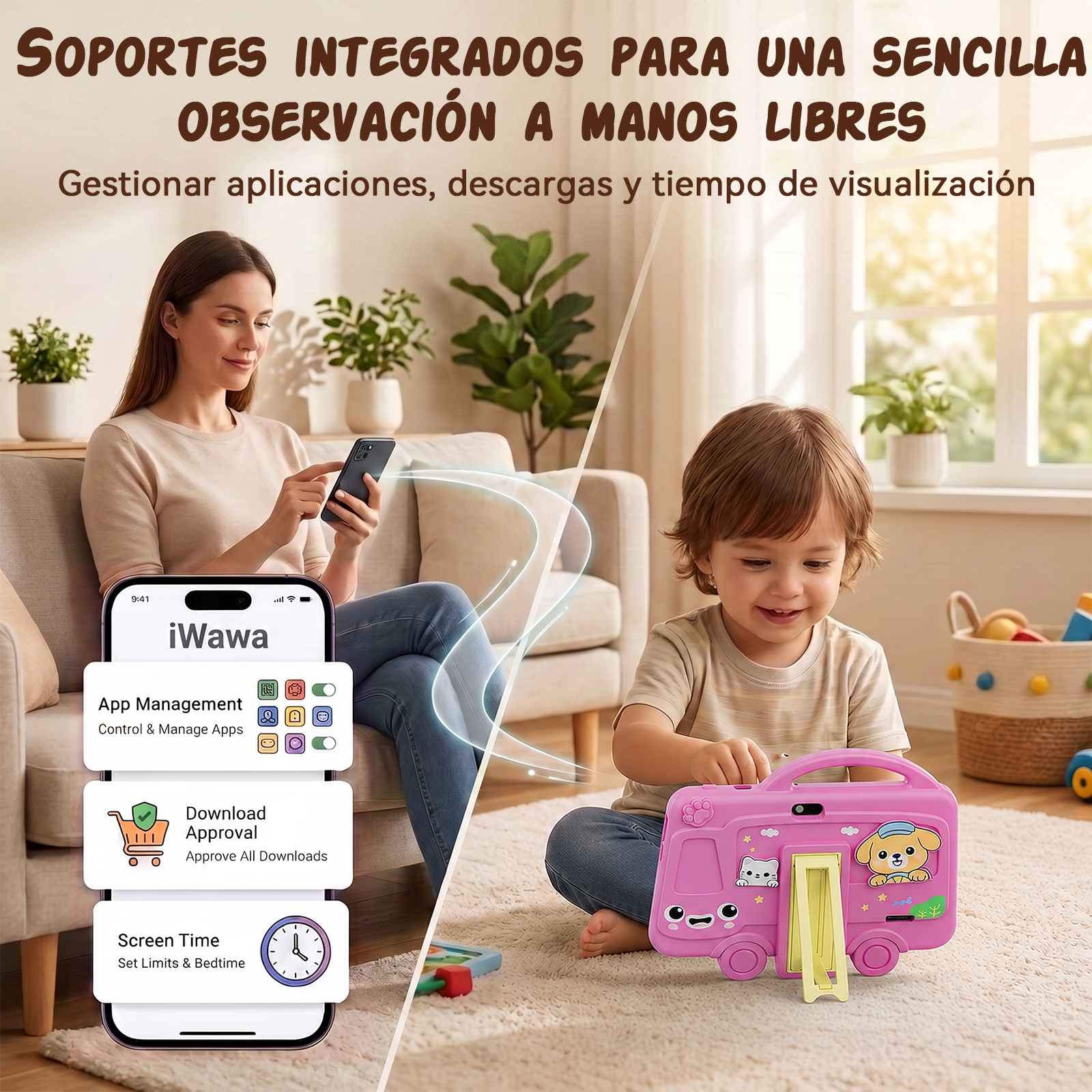 Una madre en el sofá con un teléfono y un niño en la alfombra jugando con una tableta rosa.