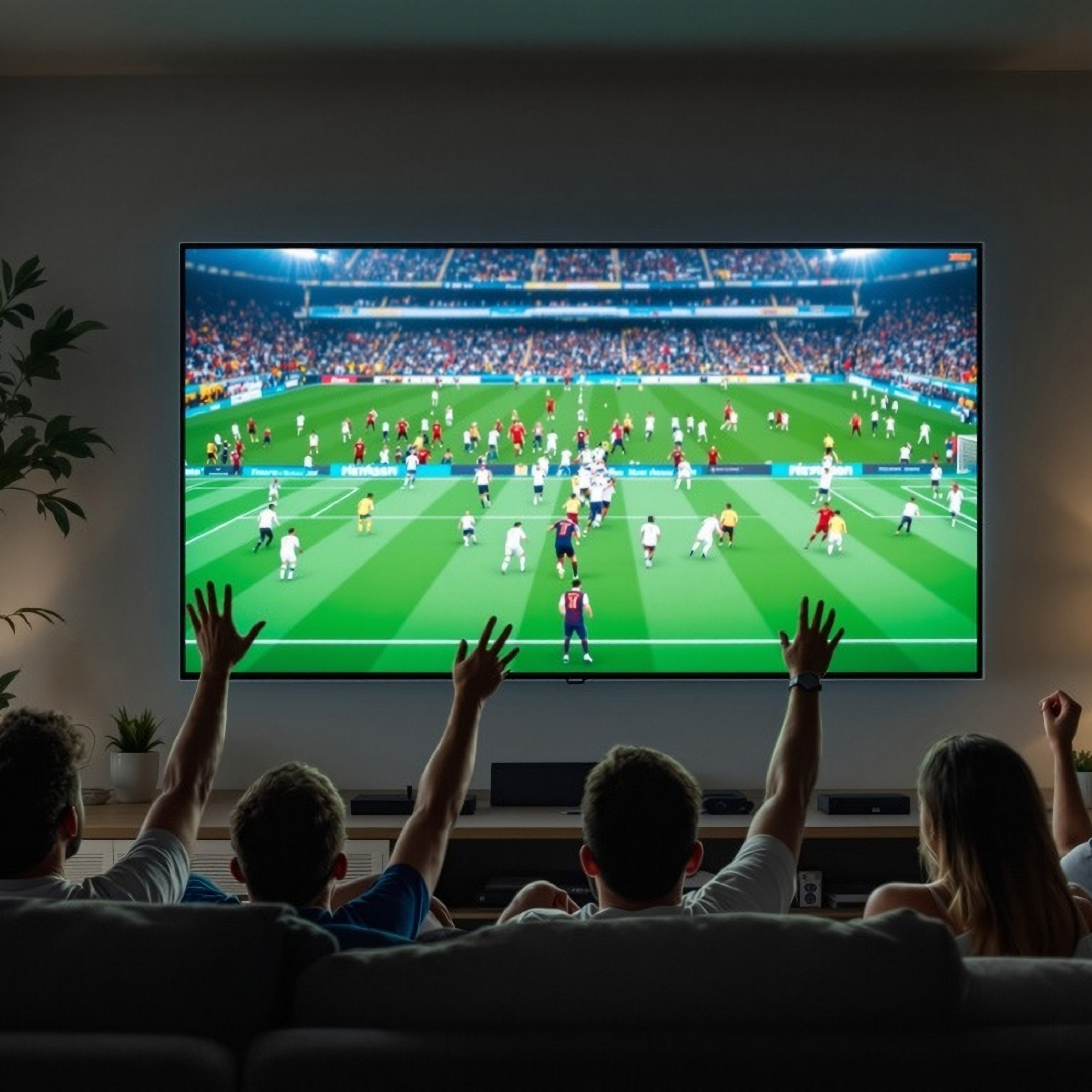Cuatro amigos se sientan en un sofá viendo un partido de fútbol en un gran televisor con las manos levantadas.