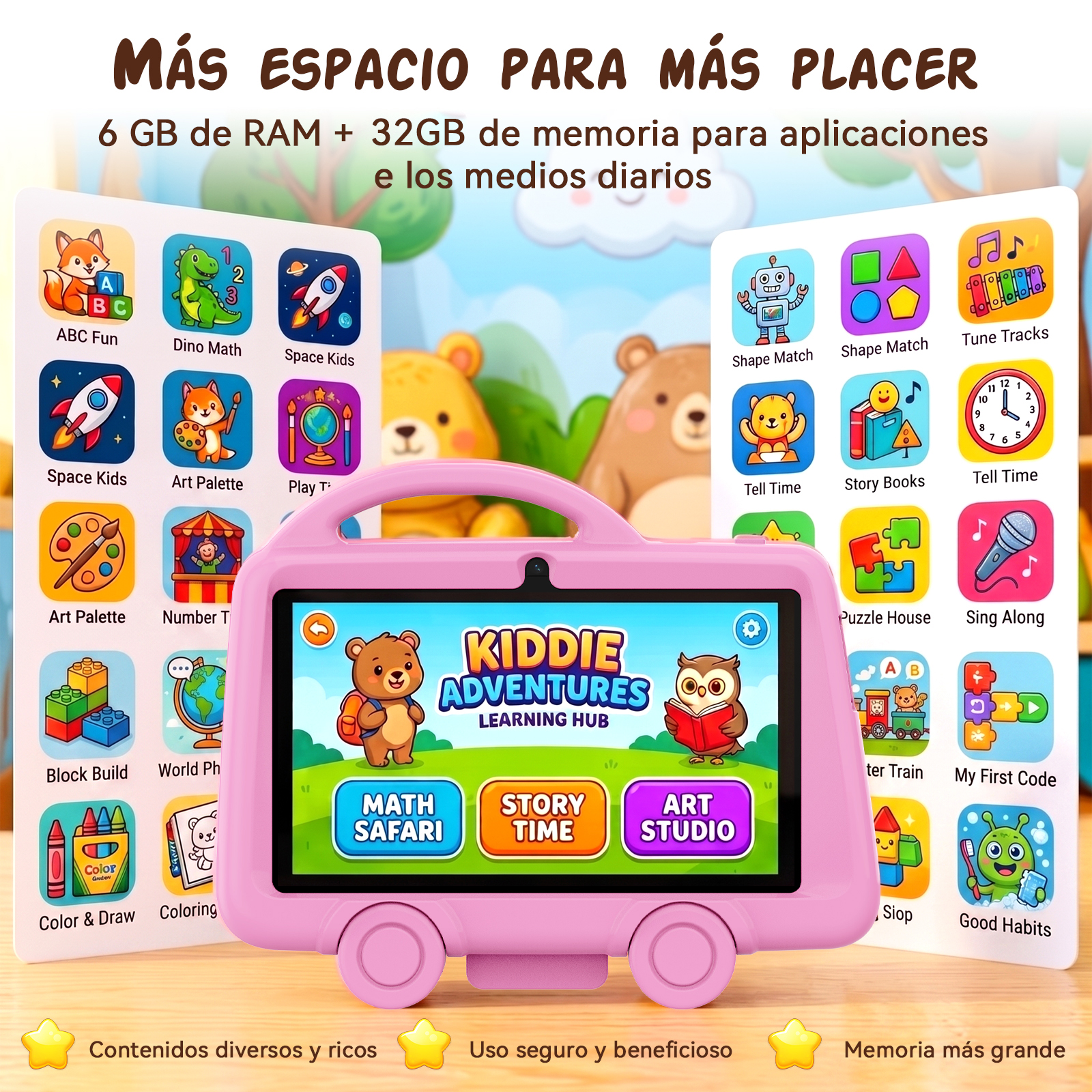 Tableta rosa para niños con aplicaciones educativas y tarjetas de aprendizaje sobre un fondo colorido.