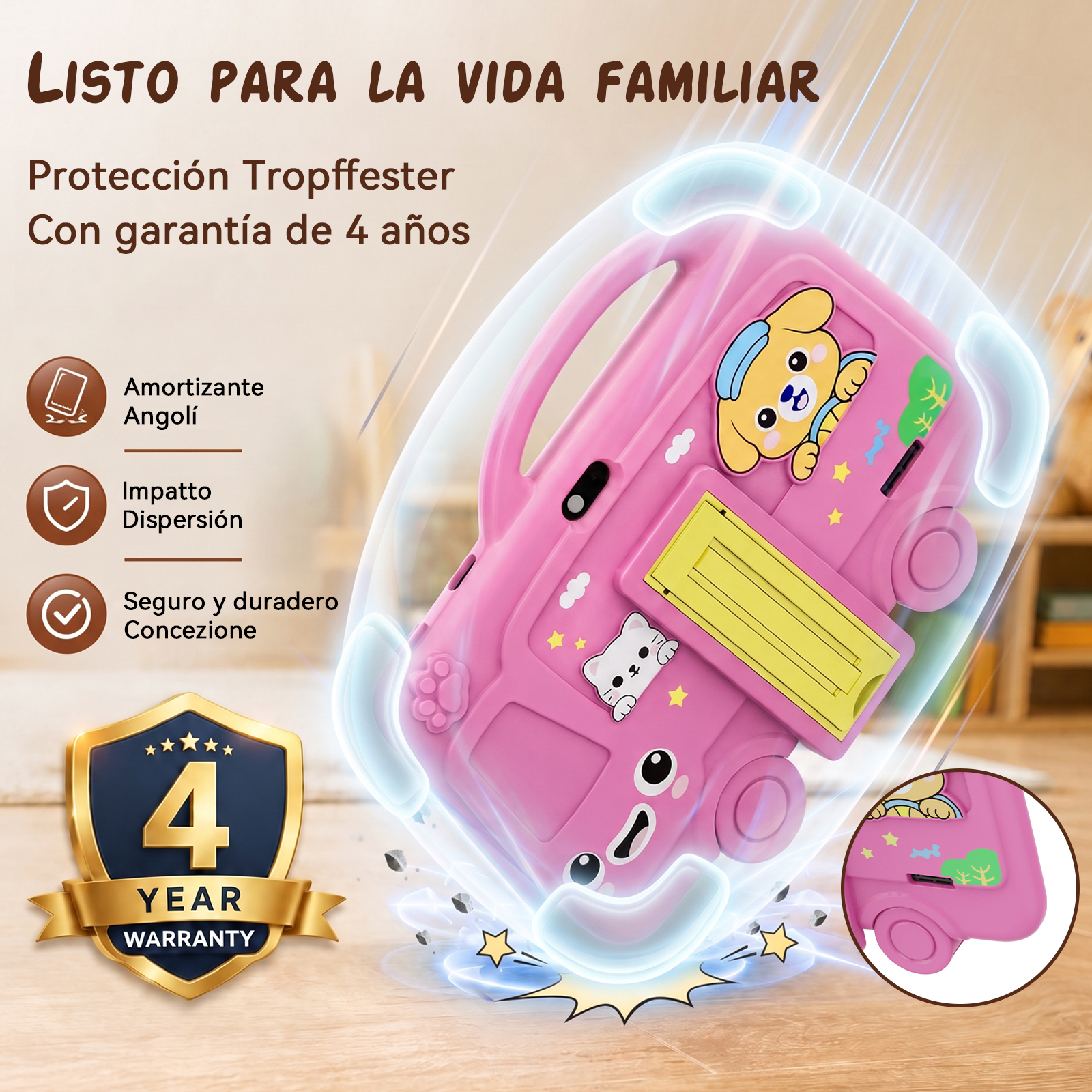 Funda rosa para tablet en forma de autobús con protección anticaídas y garantía.