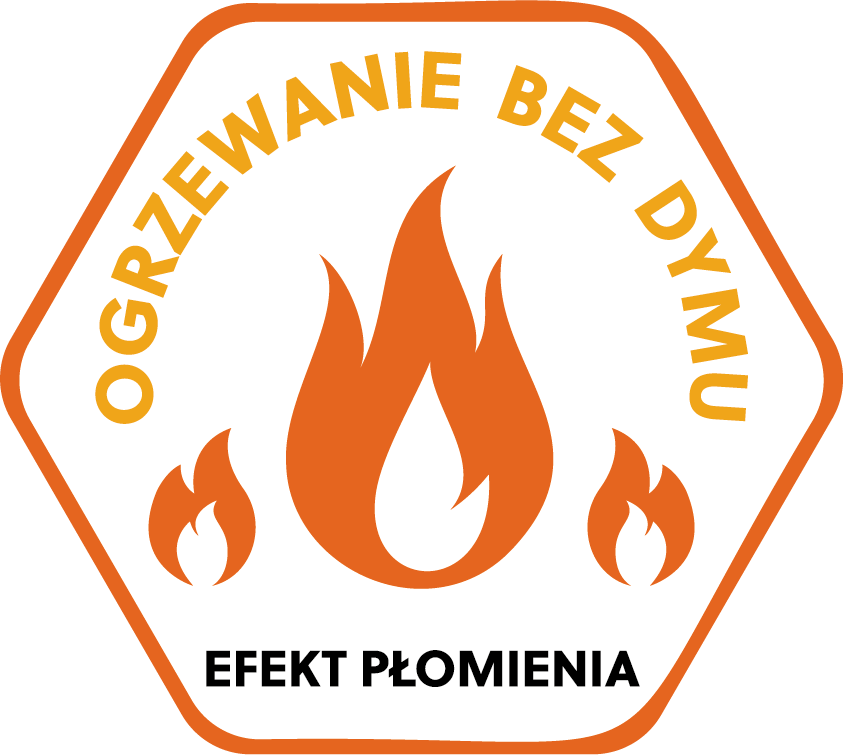 Logo z pomarańczowym płomieniem, napisem OGRZEWANIE BEZ DYMU u góry i EFEKT PŁOMIENIA u dołu.