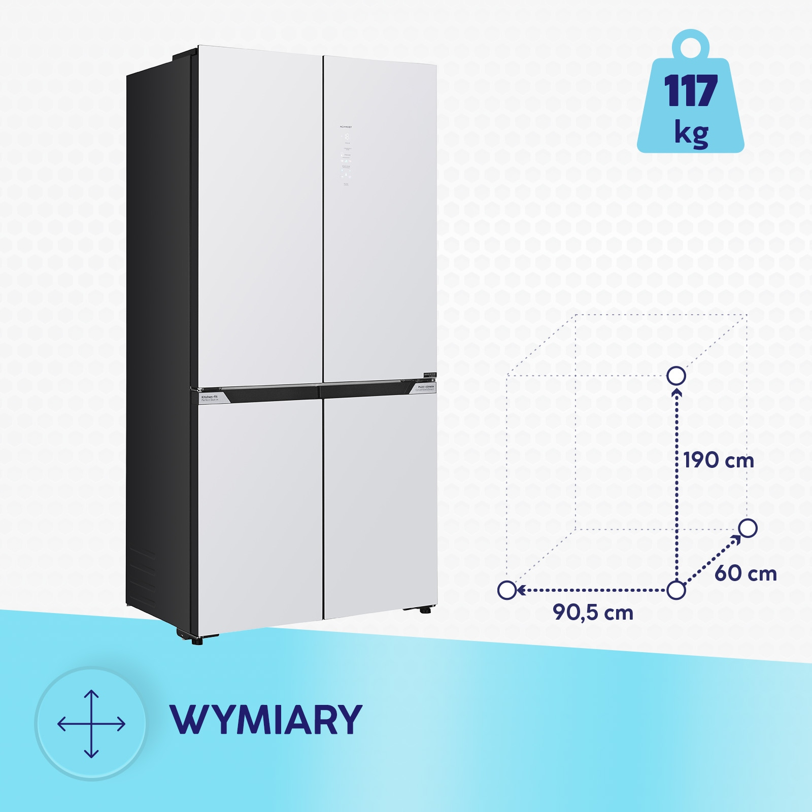 Biała czterodrzwiowa lodówka o wymiarach: 190 cm wysokości, 90,5 cm szerokości, 60 cm głębokości i wadze 117 kg.