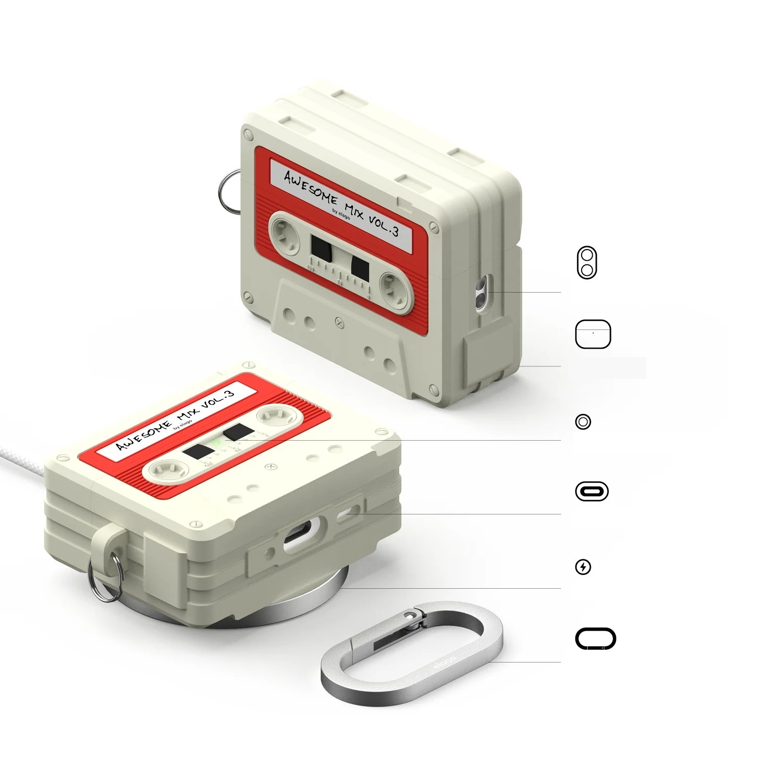 Dwa etui na AirPods w kształcie kaset magnetofonowych z czerwonymi etykietami na białym tle.