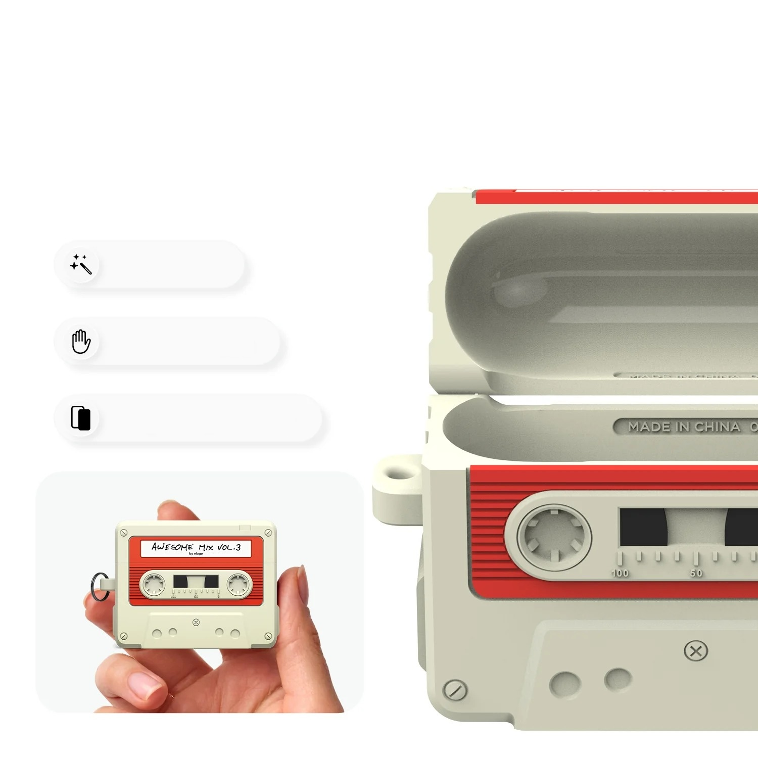 Beżowo-czerwone etui na AirPods w stylu retro kasety.