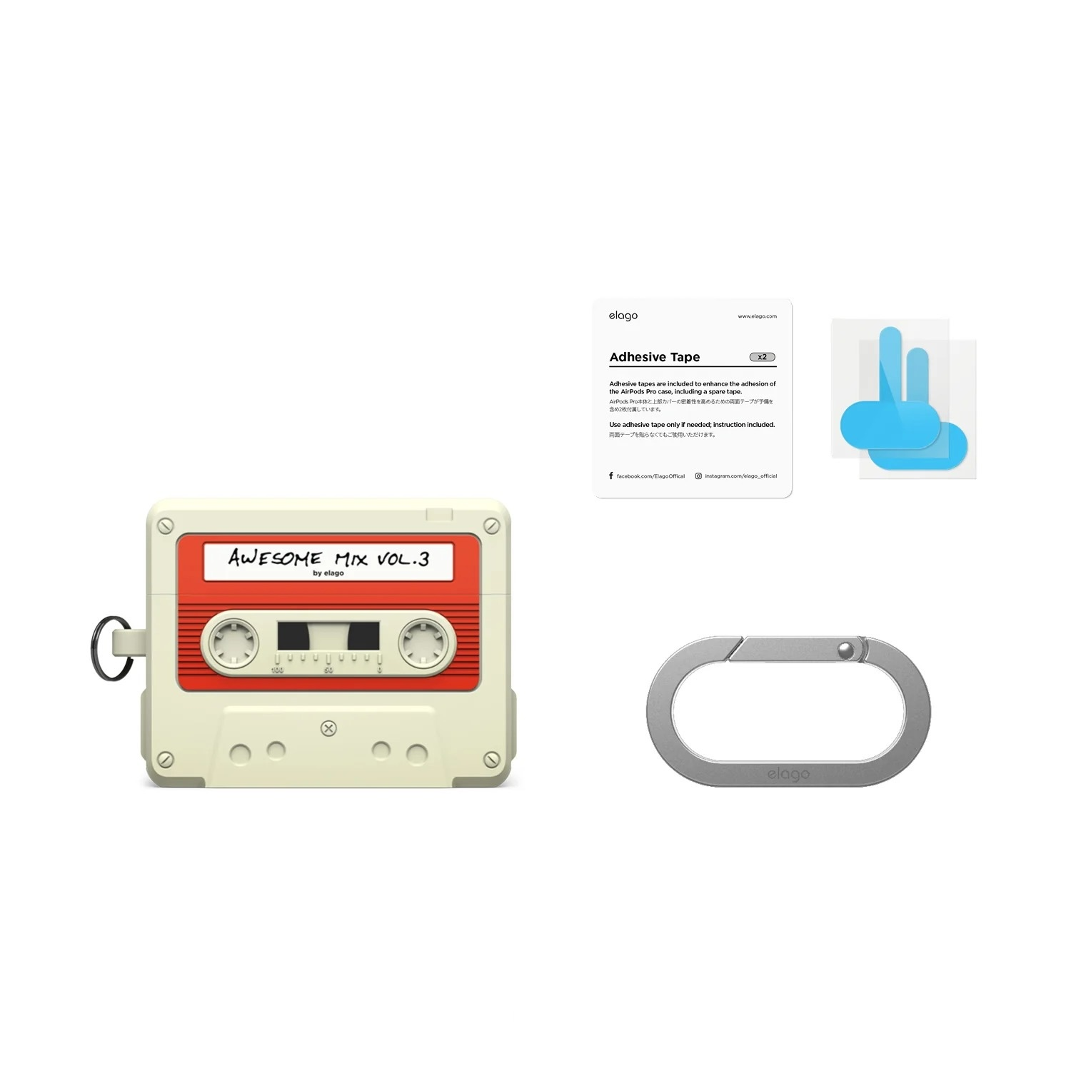 Etui AirPods w ksztalcie kasetki, paski samoprzylepne i szary karabinek na bialym tle.