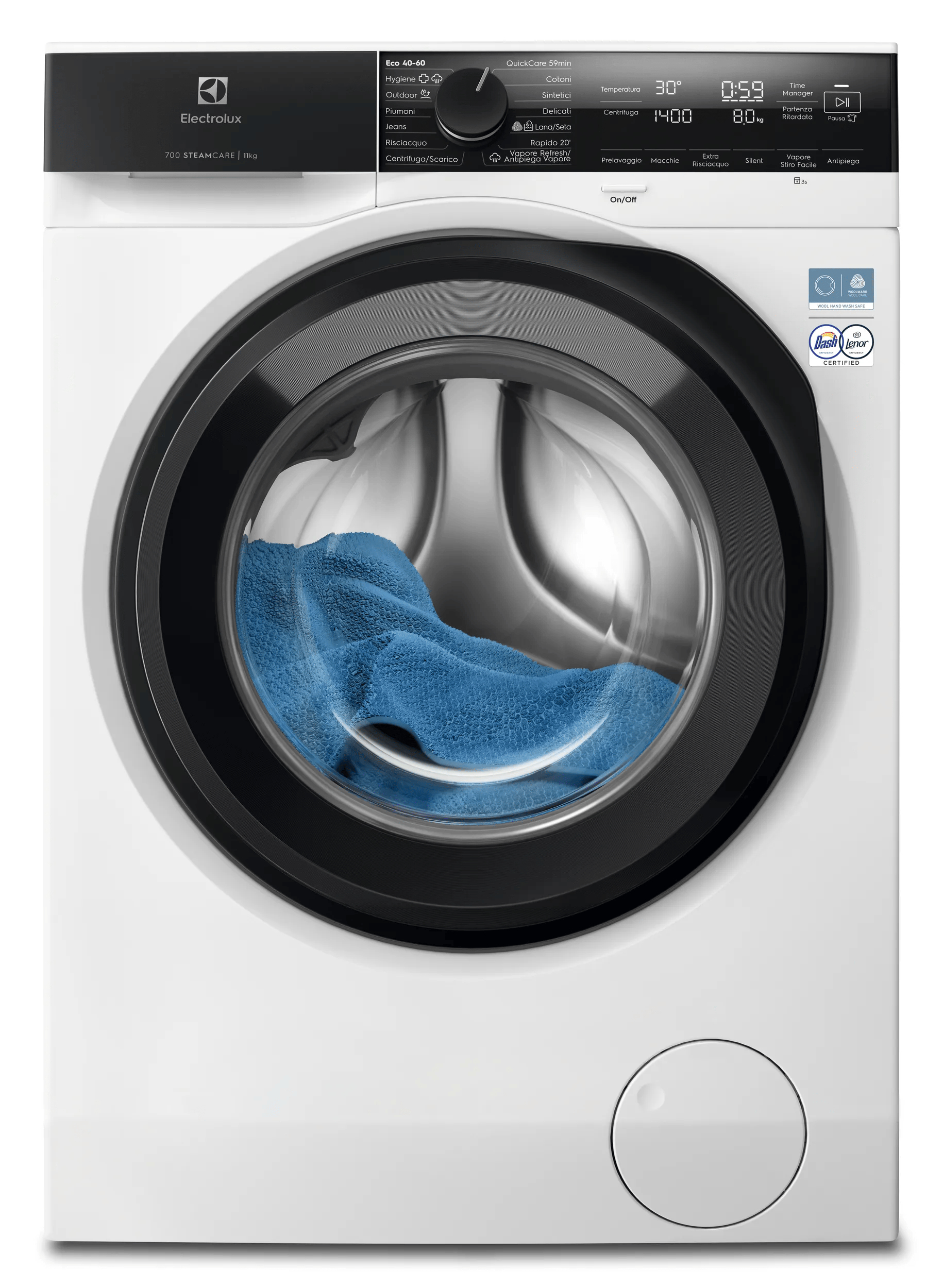 Una lavatrice a carica frontale Electrolux bianca con bucato blu nel cestello e pannello di controllo digitale.