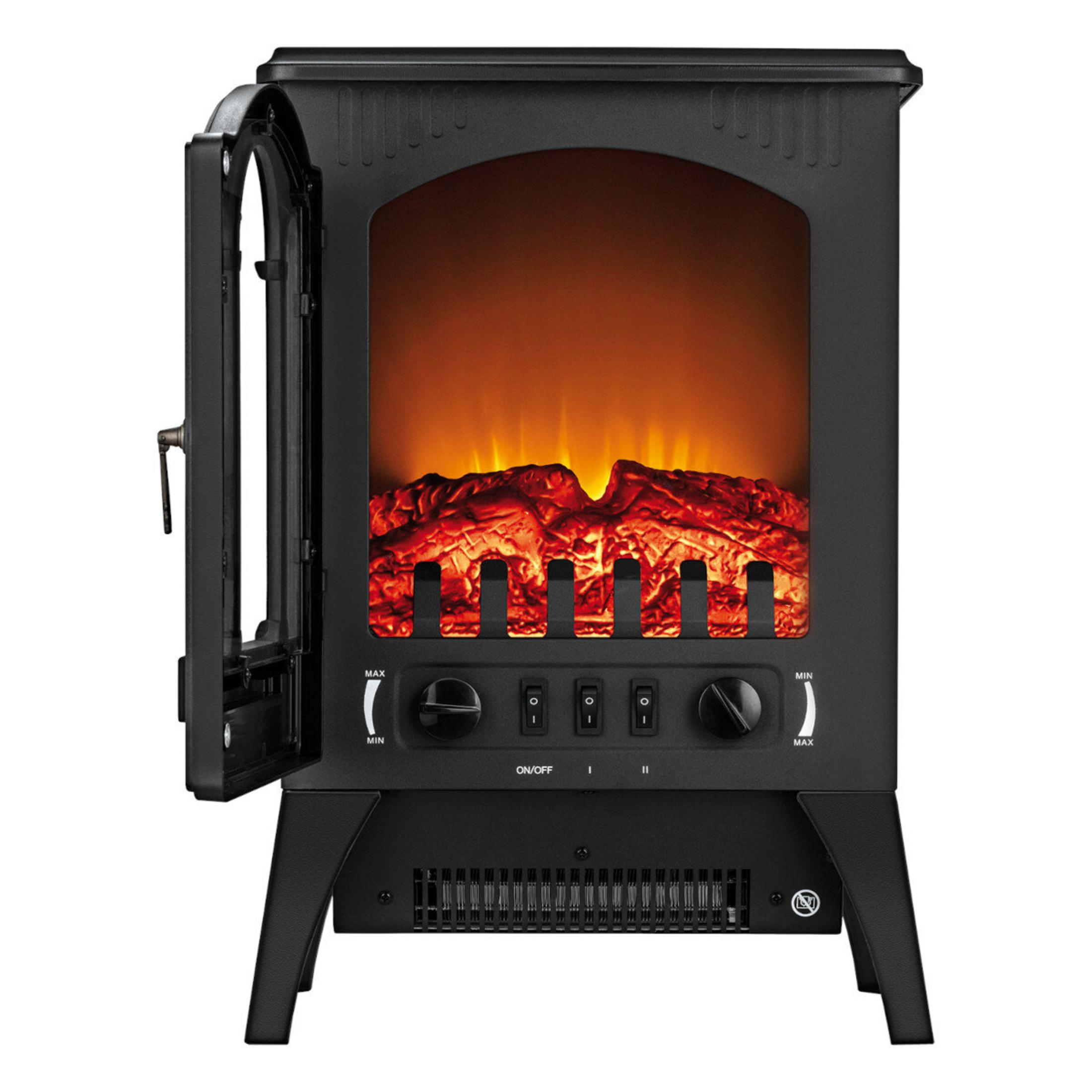Stufa elettrica nera con porta laterale aperta, effetto fiamma arancione luminoso e manopole di controllo.