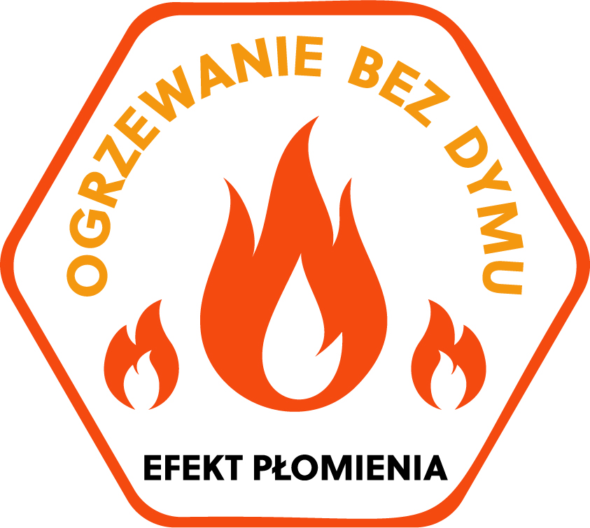 Un logo arancione con fiamme e la scritta OGRZEWANIE BEZ DYMU.