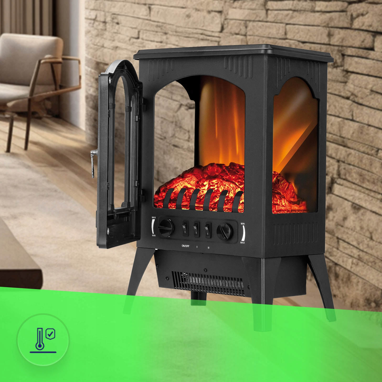 Stufa elettrica nera con porta a vetri aperta, ceppi finti incandescenti ed effetti fiamma in una stanza.