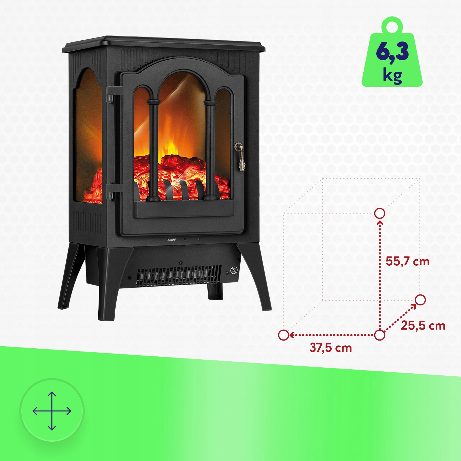 Camino elettrico nero con effetto fiamma e dimensioni 37,5x25,5x55,7 cm.