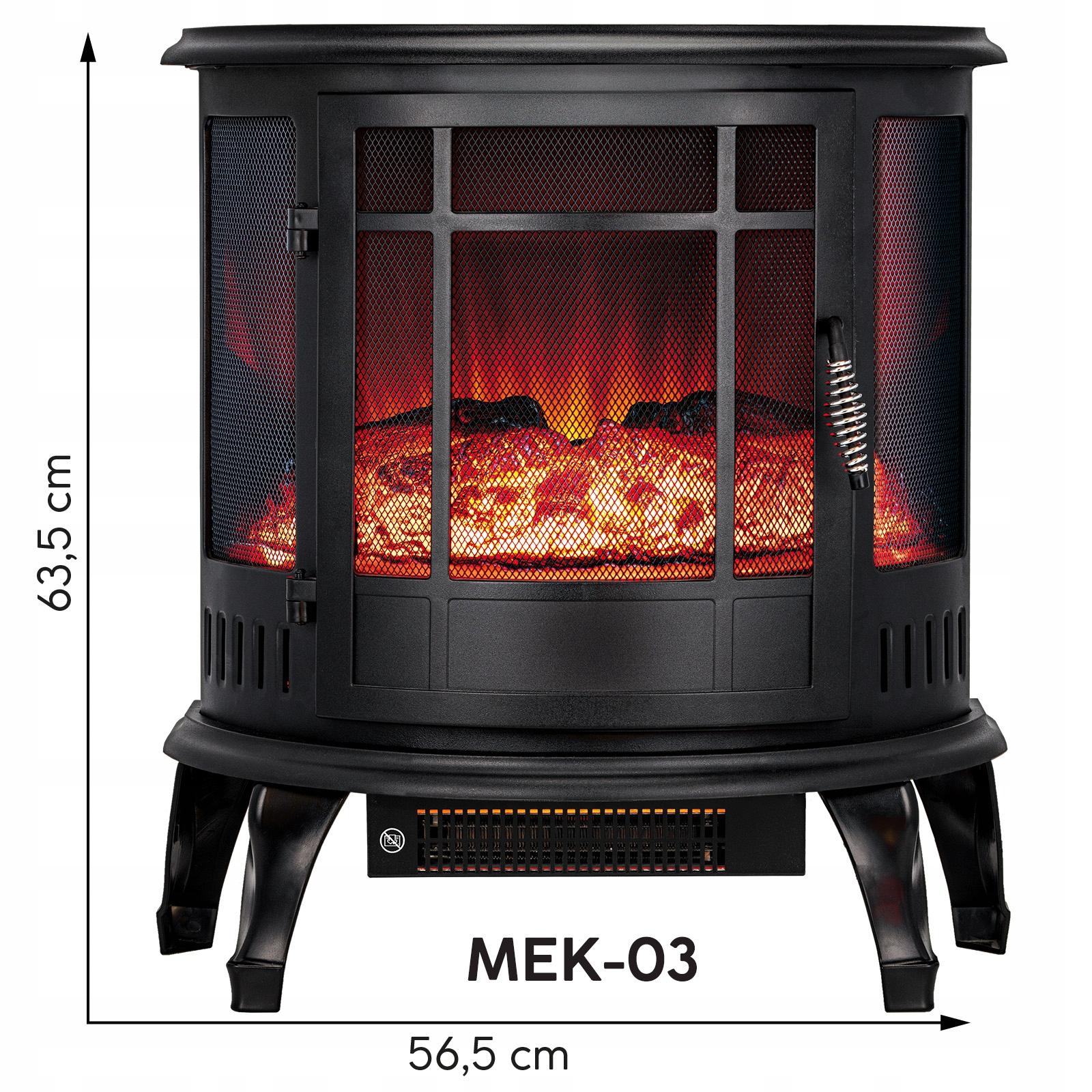 Stufa elettrica nera con porta a rete e fiamme artificiali, con dimensioni.
