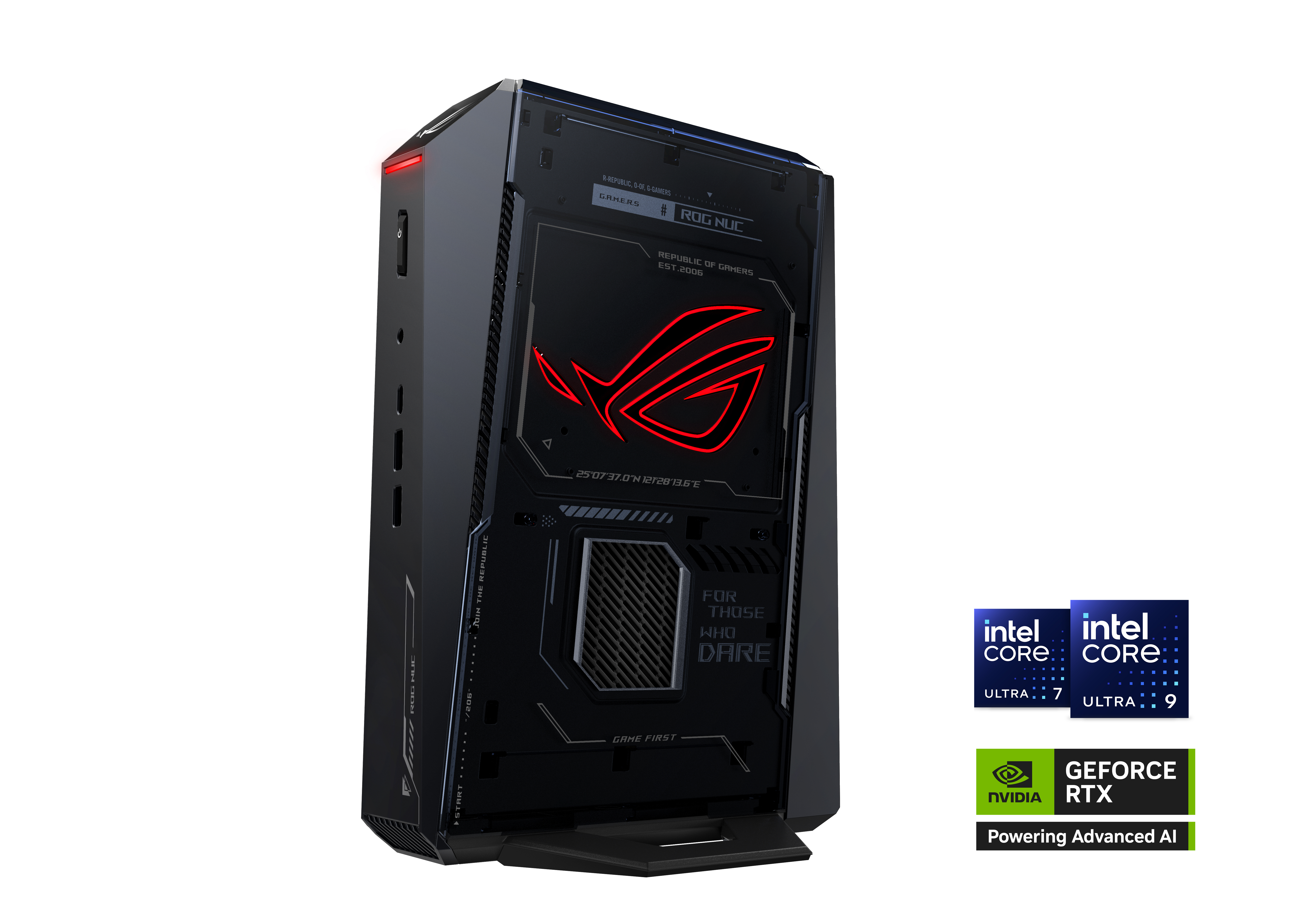 Schwarzer Asus ROG NUC PC mit rotem beleuchteten Logo und Intel/Nvidia Logos rechts.