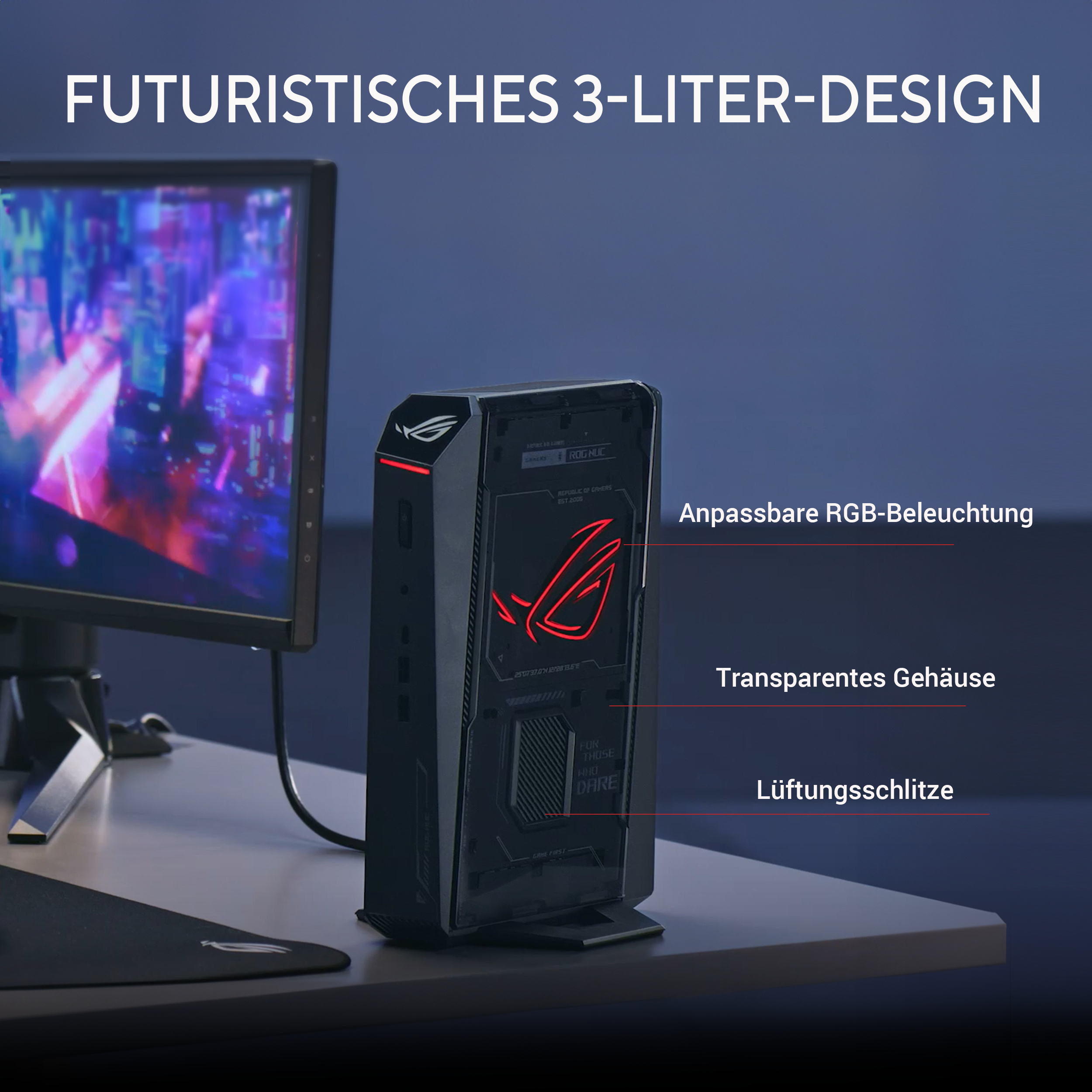 Ein kompakter Gaming-PC mit rotem Logo steht auf dem Schreibtisch neben einem Monitor und zeigt ein futuristisches Design.