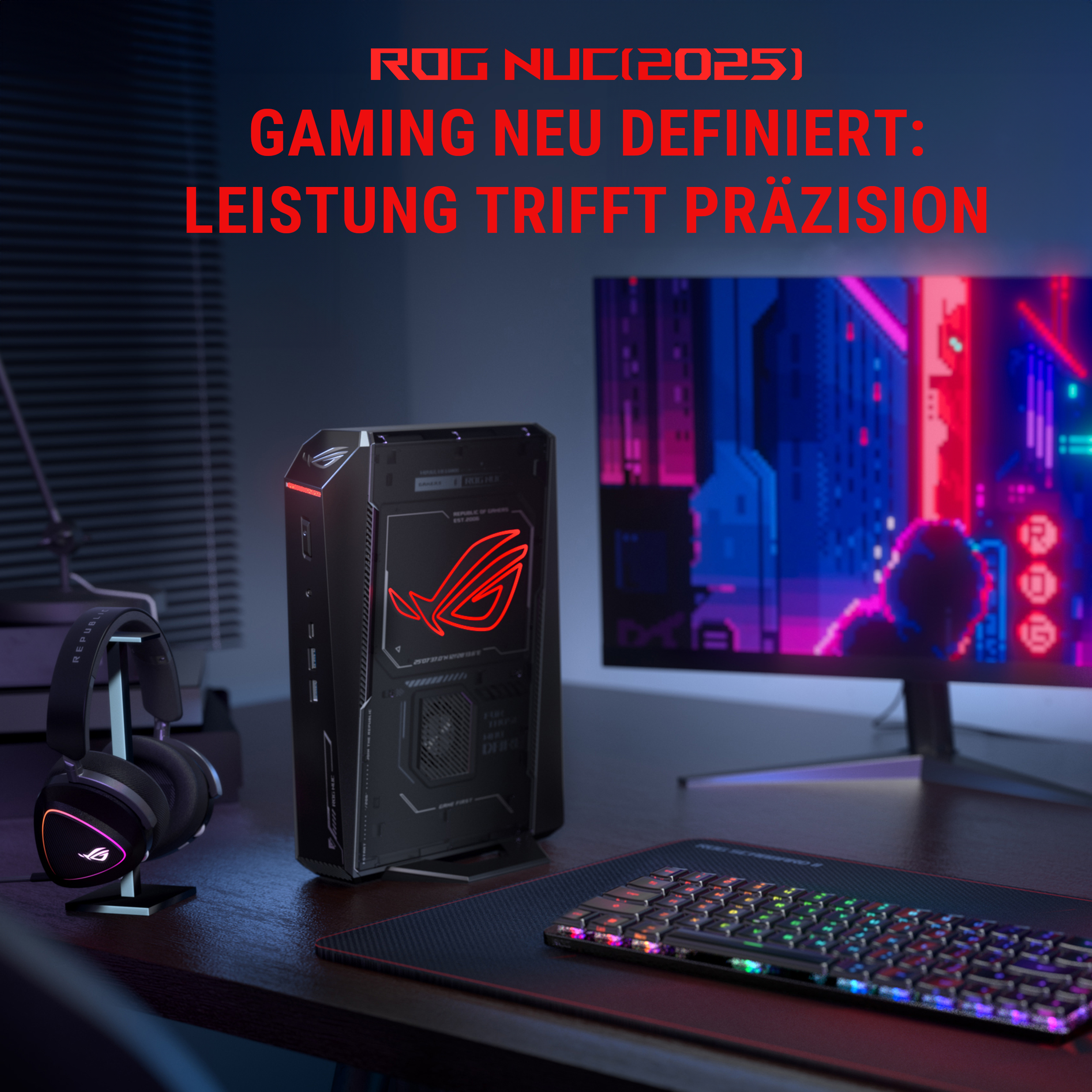 Gaming-Setup mit ROG NUC PC, beleuchteter Tastatur, Headset und Monitor mit Neon-Grafik.
