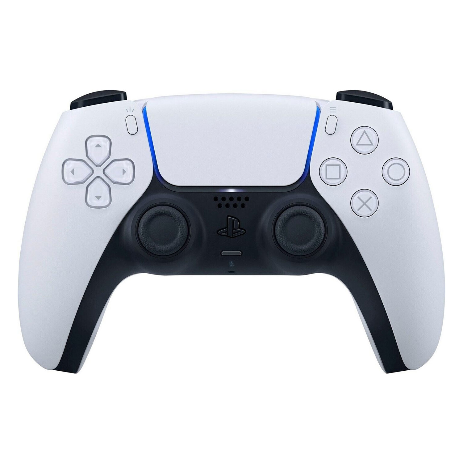 Une manette PlayStation 5 blanche avec poignée noire et éclairage bleu sur fond blanc.