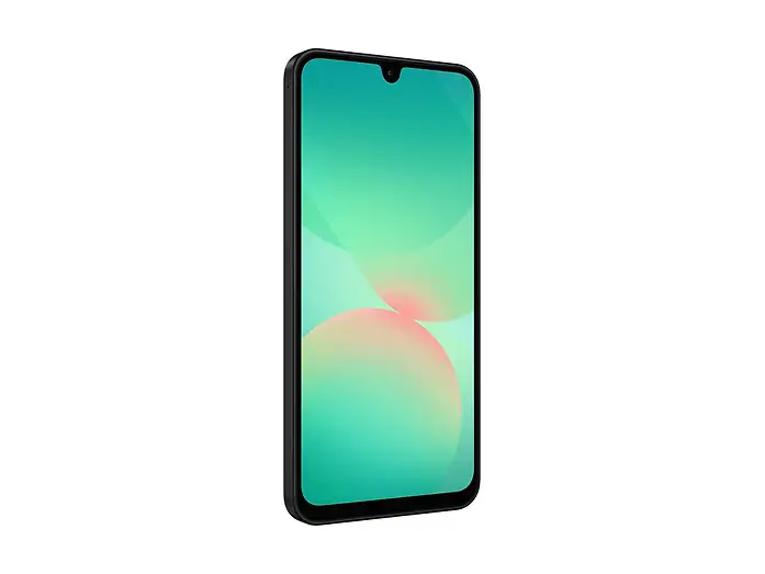Uno smartphone nero con angoli arrotondati e uno sfondo verdastro-rosa sul display.