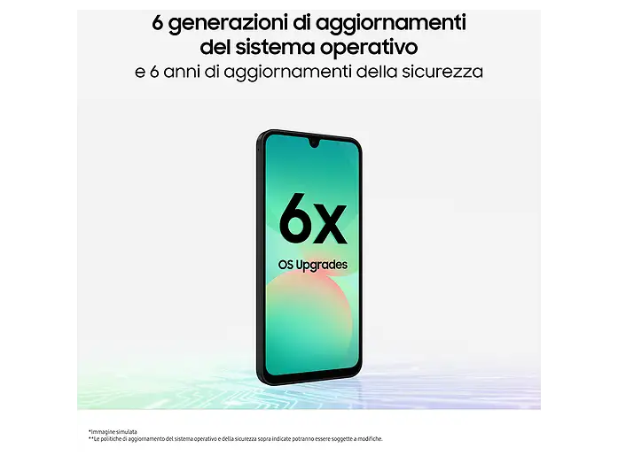 Smartphone che mostra 6x aggiornamenti OS, circondato da testo in italiano e superficie luminosa.