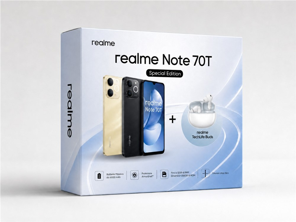 Confezione Realme Note 70T Special Edition con smartphone e cuffie TechLife Buds su fondo chiaro.