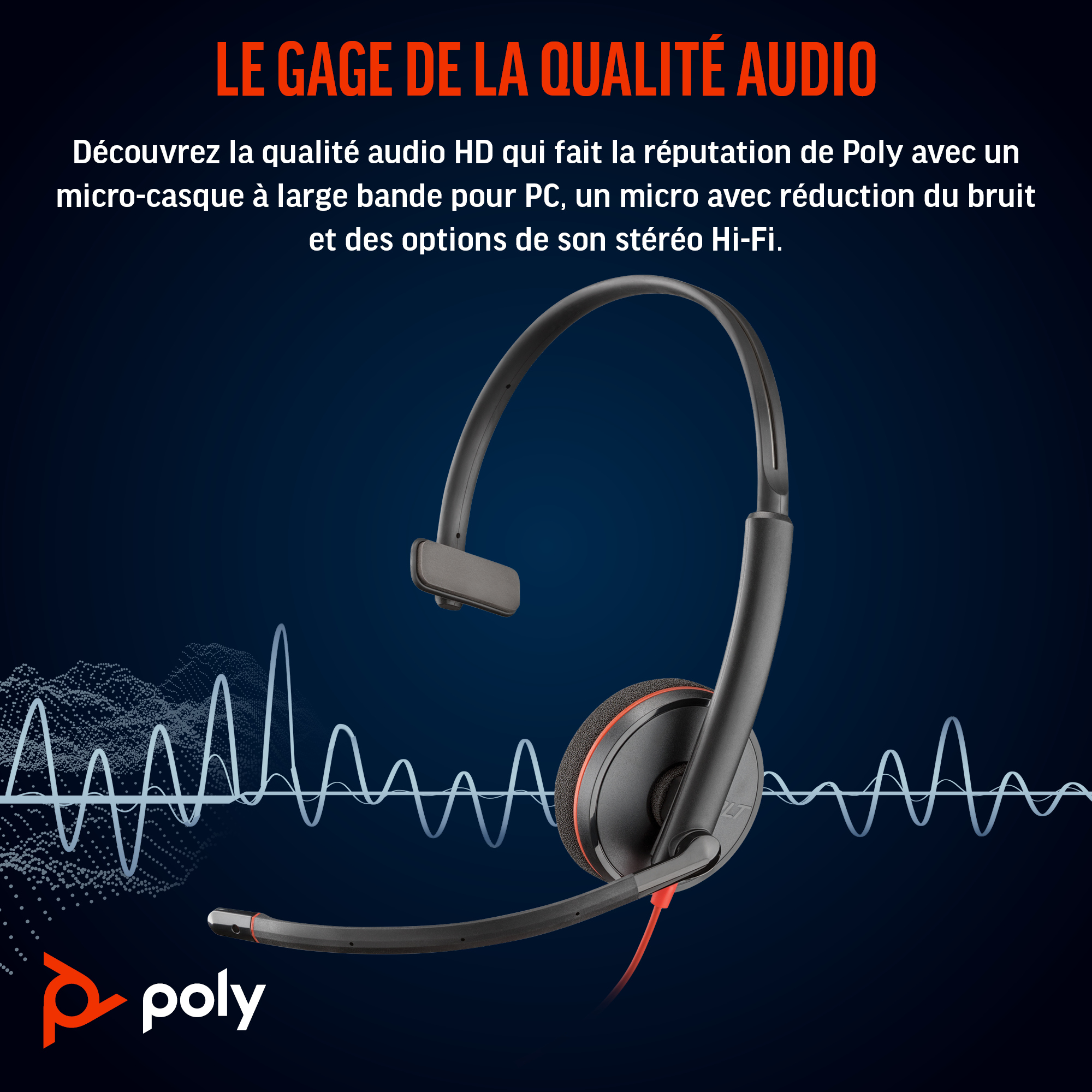 Ein schwarzes Poly PC-Headset mit Mikrofon und Schallwellengrafik auf dunkelblauem Hintergrund mit französischem Text.
