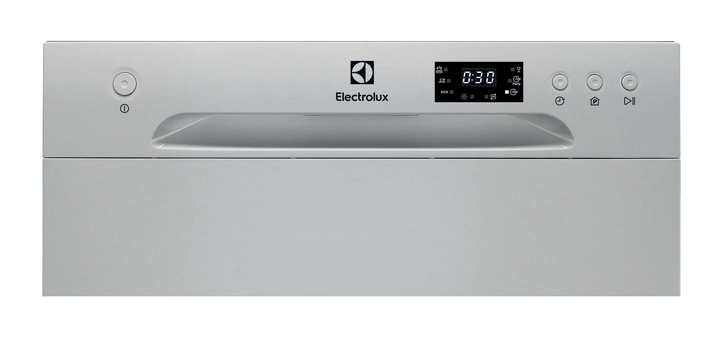 Frontansicht einer silbernen Electrolux-Spülmaschine mit Display, Griffmulde und Knöpfen.