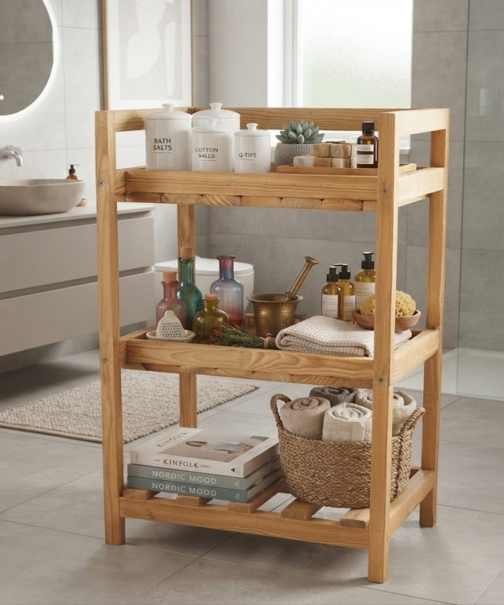 Seramik kavanozlar, renkli şişeler, havlular, kitaplar ve bir sepet içeren ahşap banyo rafı.