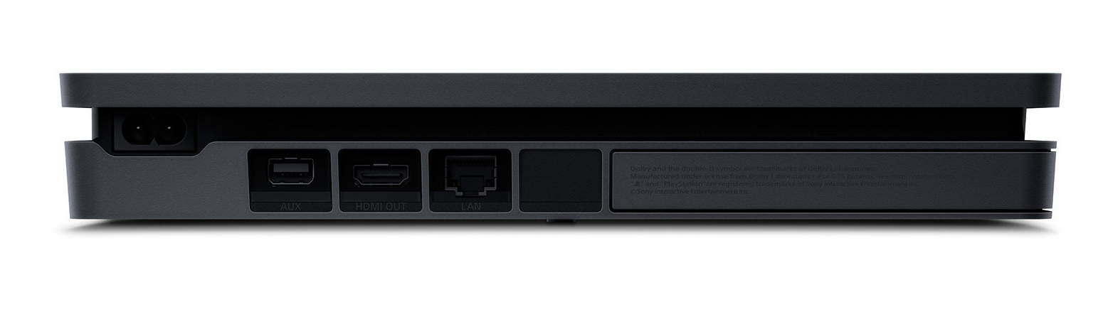 Back panel of a black console showing ports for AUX, HDMI OUT, and LAN.