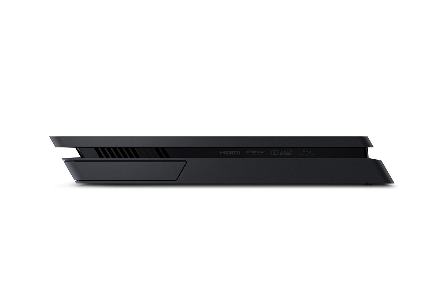 Schwarze PlayStation 4 Slim Konsole von vorne gesehen.