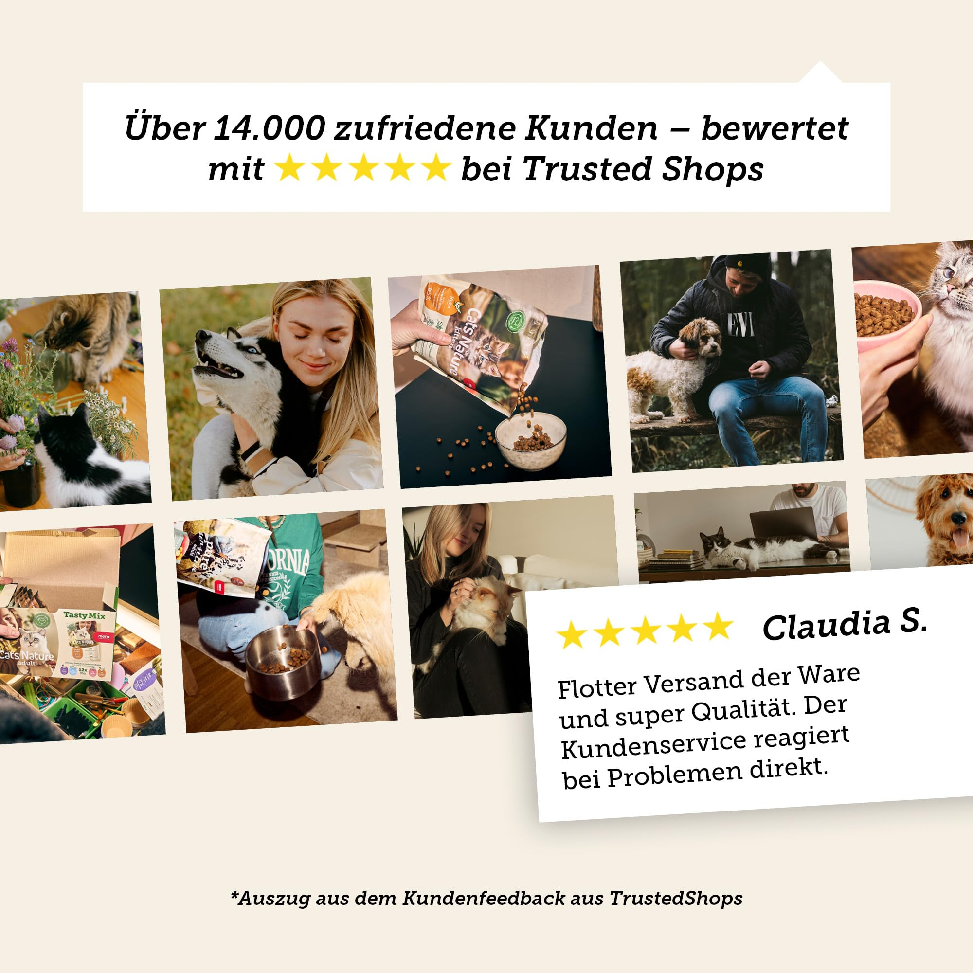 Eine Collage glücklicher Haustiere und Besitzer mit Trusted-Shops-Bewertung und fünf Sternen.