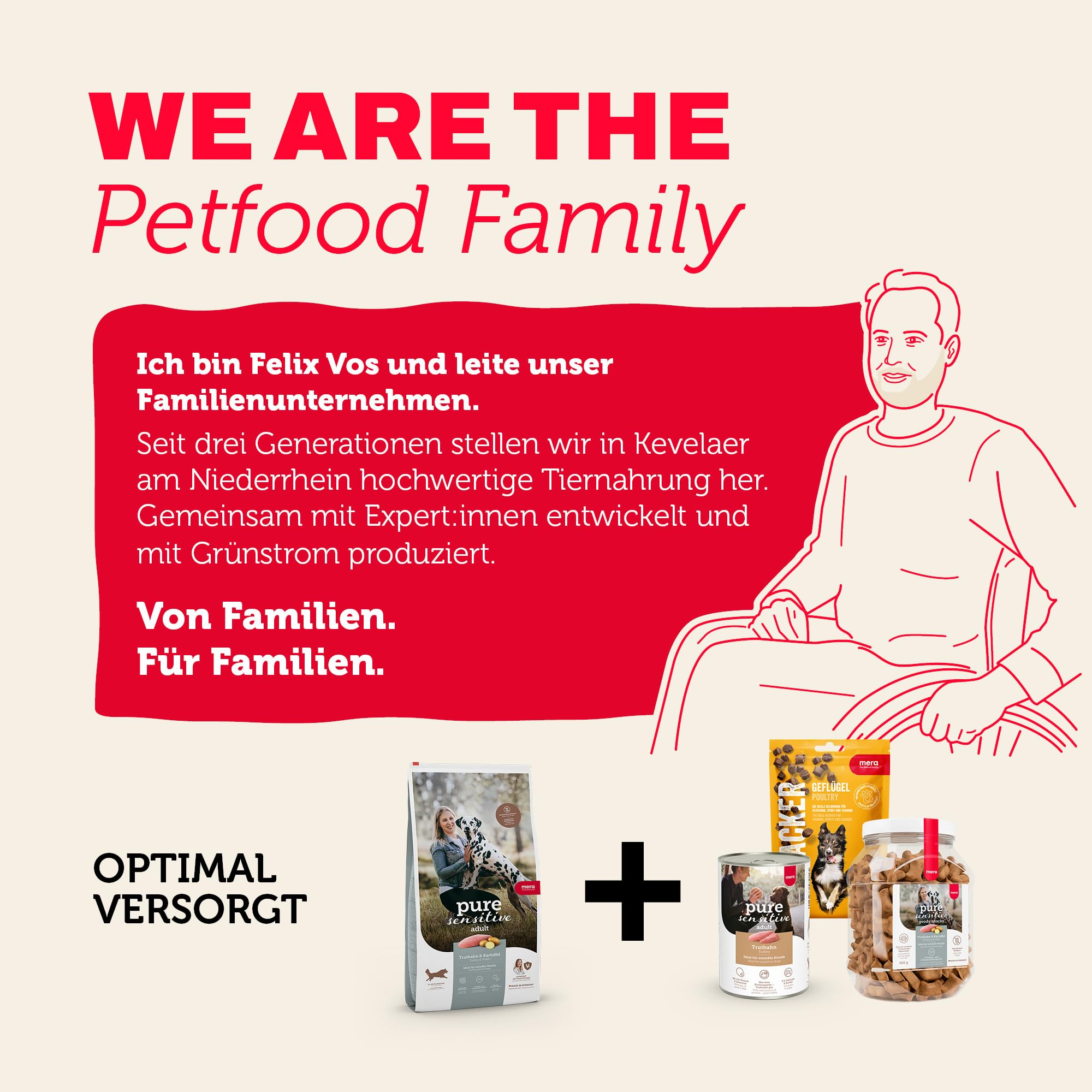 Werbung für Haustierfutter mit einem Mann in Strichzeichnung, rotem Text auf weißem Hintergrund und Tierfutterprodukten.