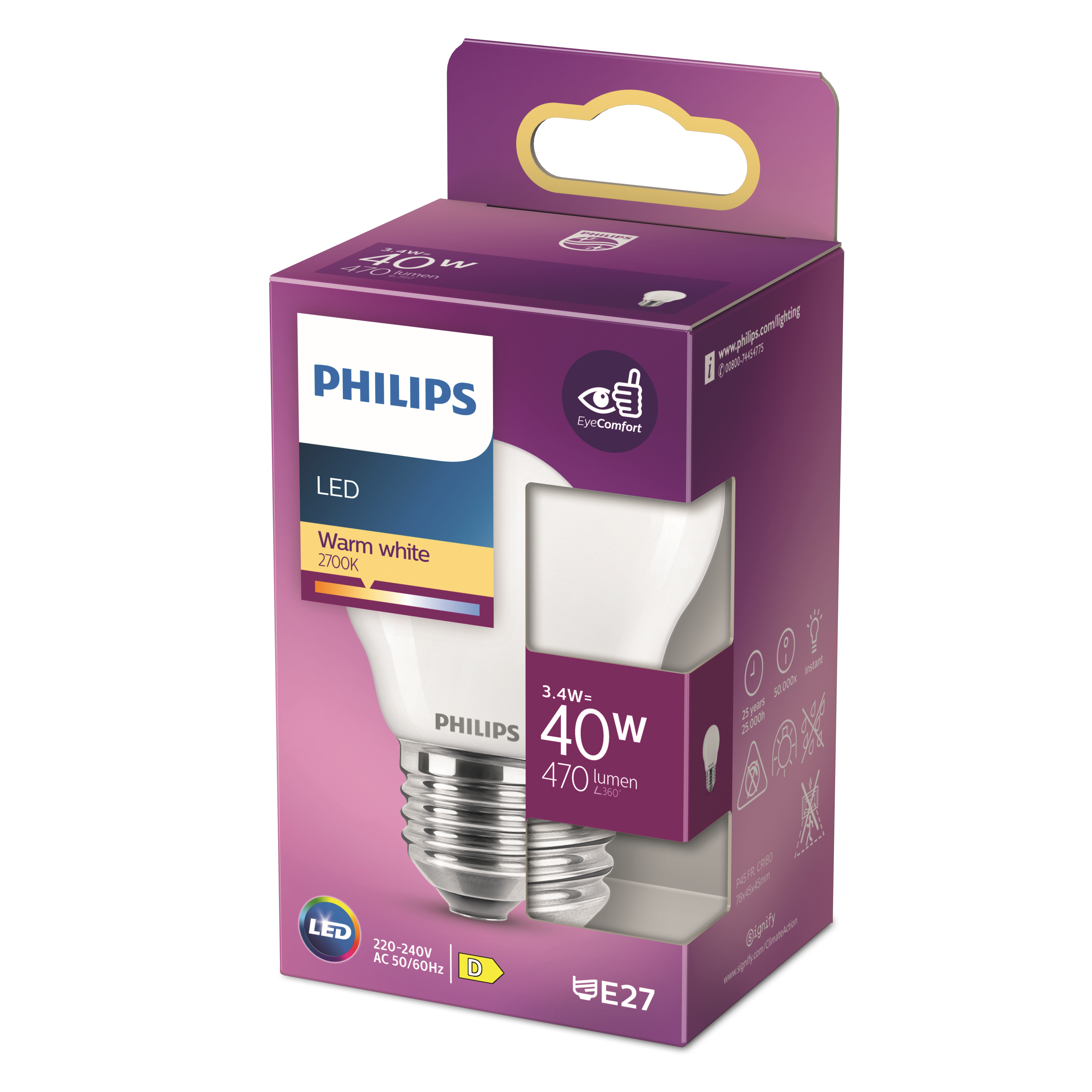 Purple and white Philips LED bulb packaging for warm white light with E27 base and 40W equivalent.