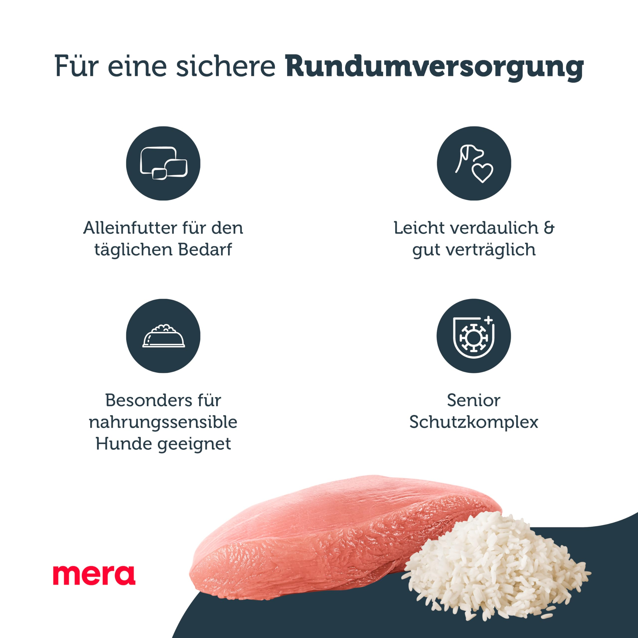 Infografik mit vier Icons zu Hundefuttervorteilen, unten mit Fleischstück und gekochtem Reis.