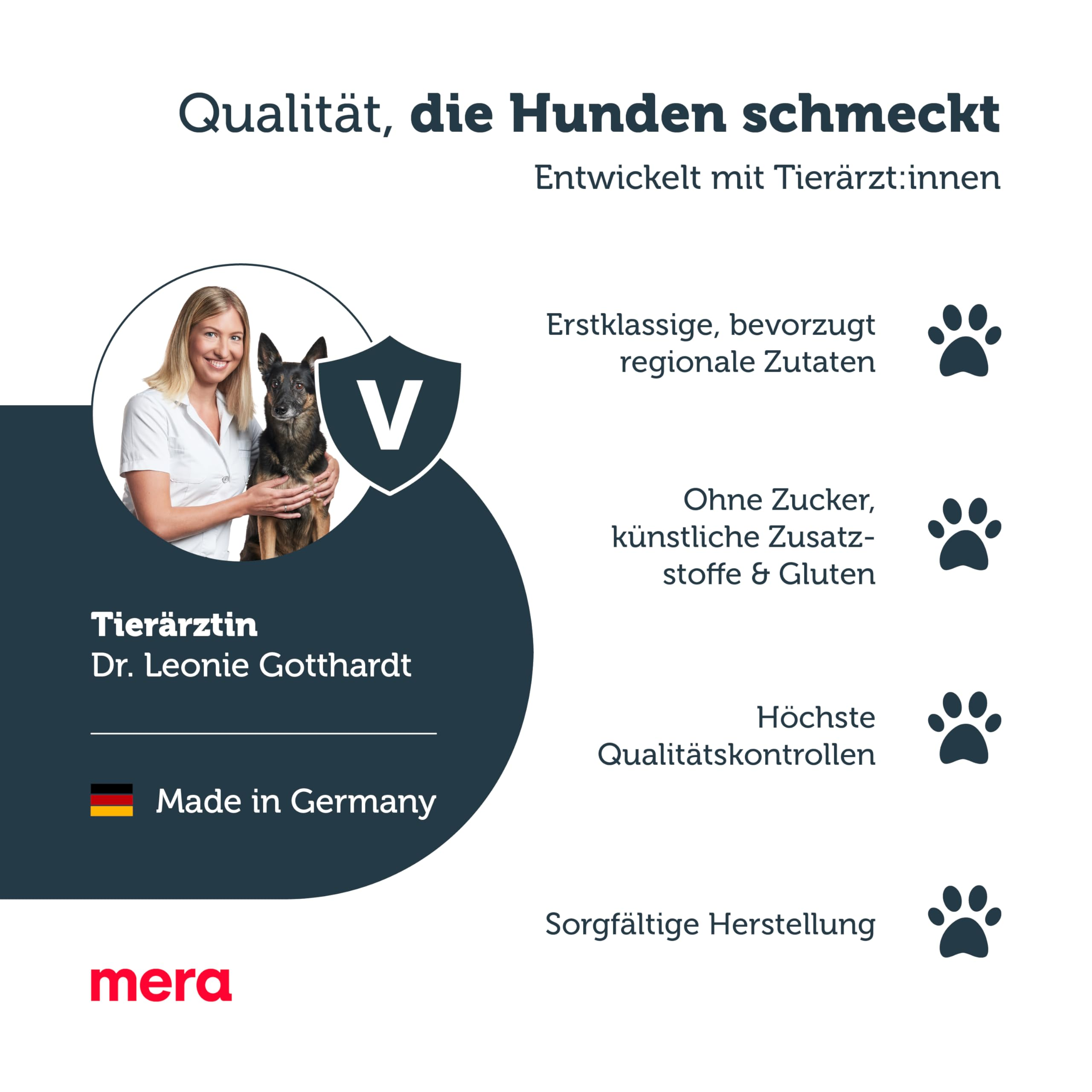 Eine Hundefutterwerbung mit Tierärztin und Hund, die hochwertige Zutaten und deutsche Herstellung betont.