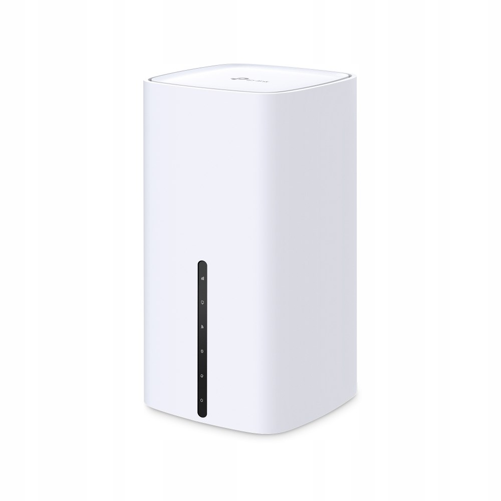 Biały, prostokątny router Wi-Fi z pionowym czarnym paskiem LED z przodu.