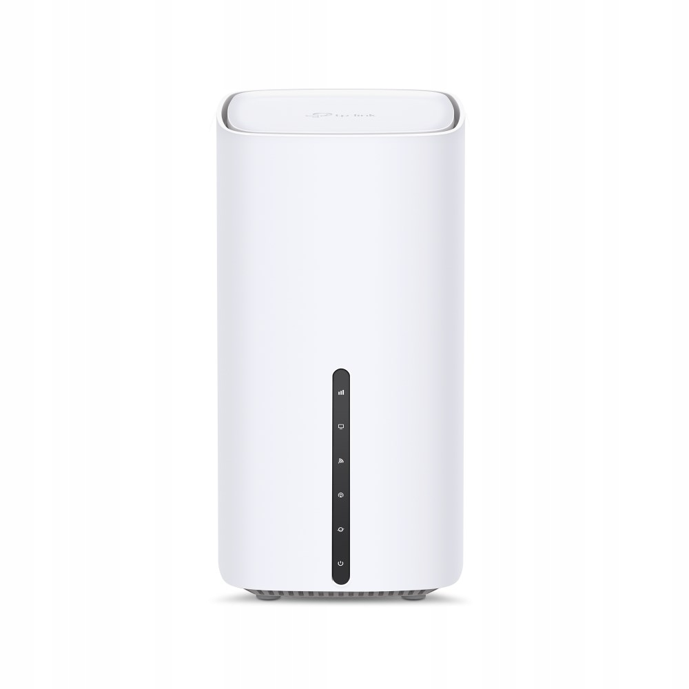 Biały router Wi-Fi TP-Link z pionowym wyświetlaczem LED na białym tle.