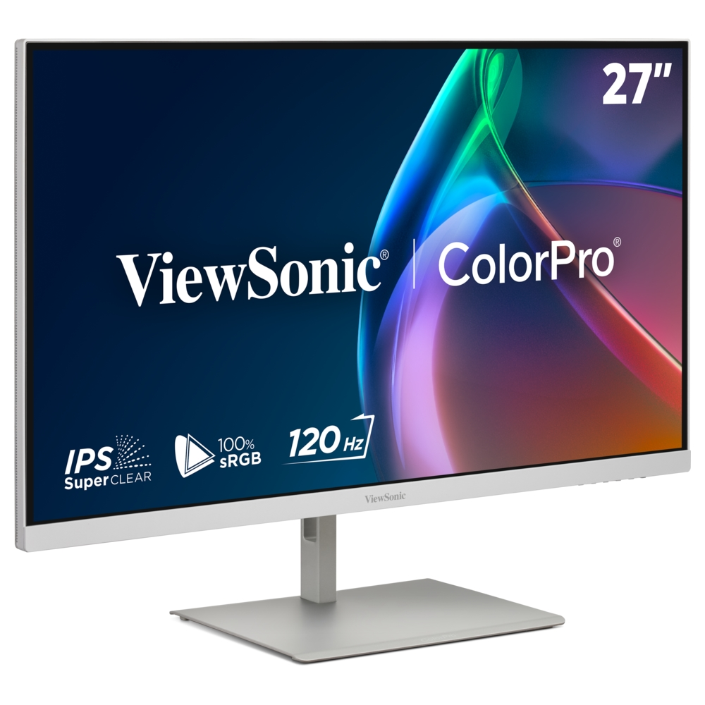 Monitor ViewSonic ColorPro da 27 pollici con supporto grigio argento e display vivido.