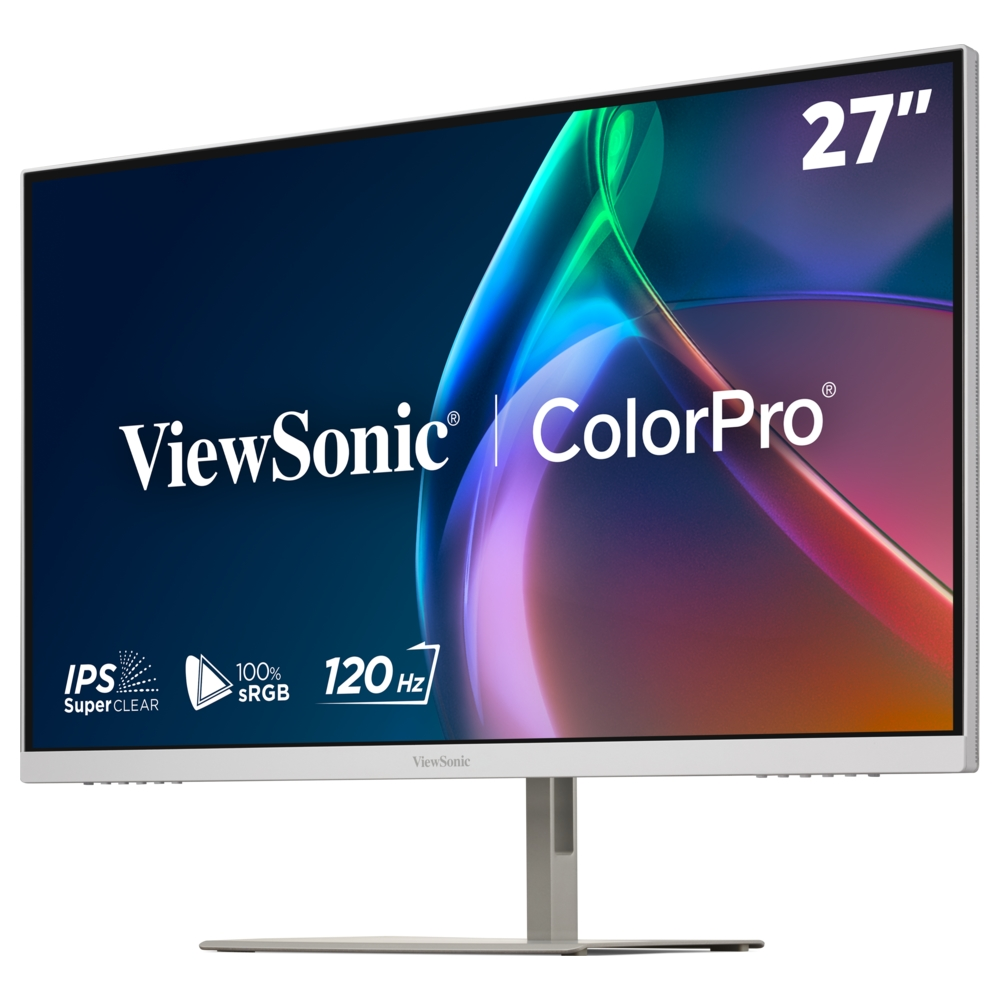 Un monitor bianco ViewSonic ColorPro da 27 pollici con sfondo astratto colorato e supporto argento.