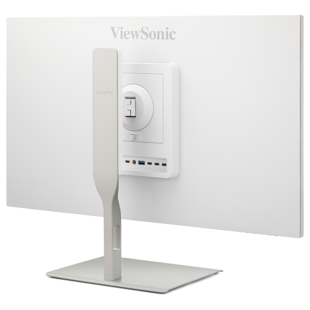 Vista posteriore di un monitor bianco ViewSonic ColorPro con supporto e porte.