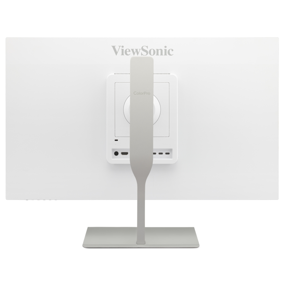 Retro di un monitor bianco ViewSonic ColorPro con supporto argento e porte visibili.