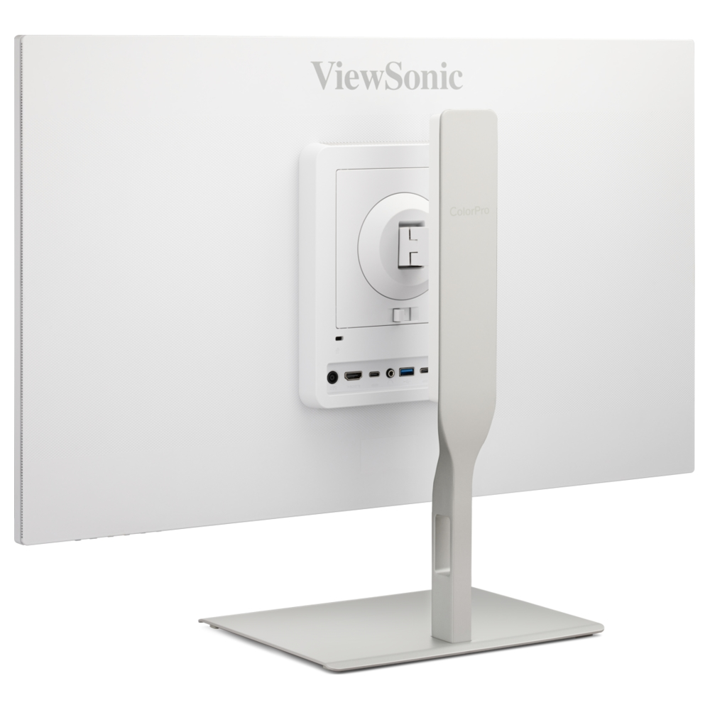 Vista posteriore di un monitor ViewSonic bianco con porte visibili su sfondo bianco.