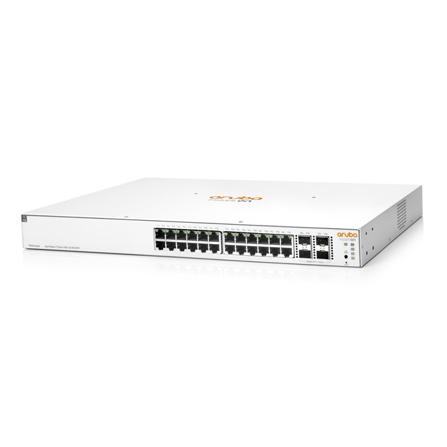 Beyaz arka planda çoklu Ethernet bağlantı noktaları ve LED göstergeleri bulunan beyaz bir Aruba Instant On ağ anahtarı.