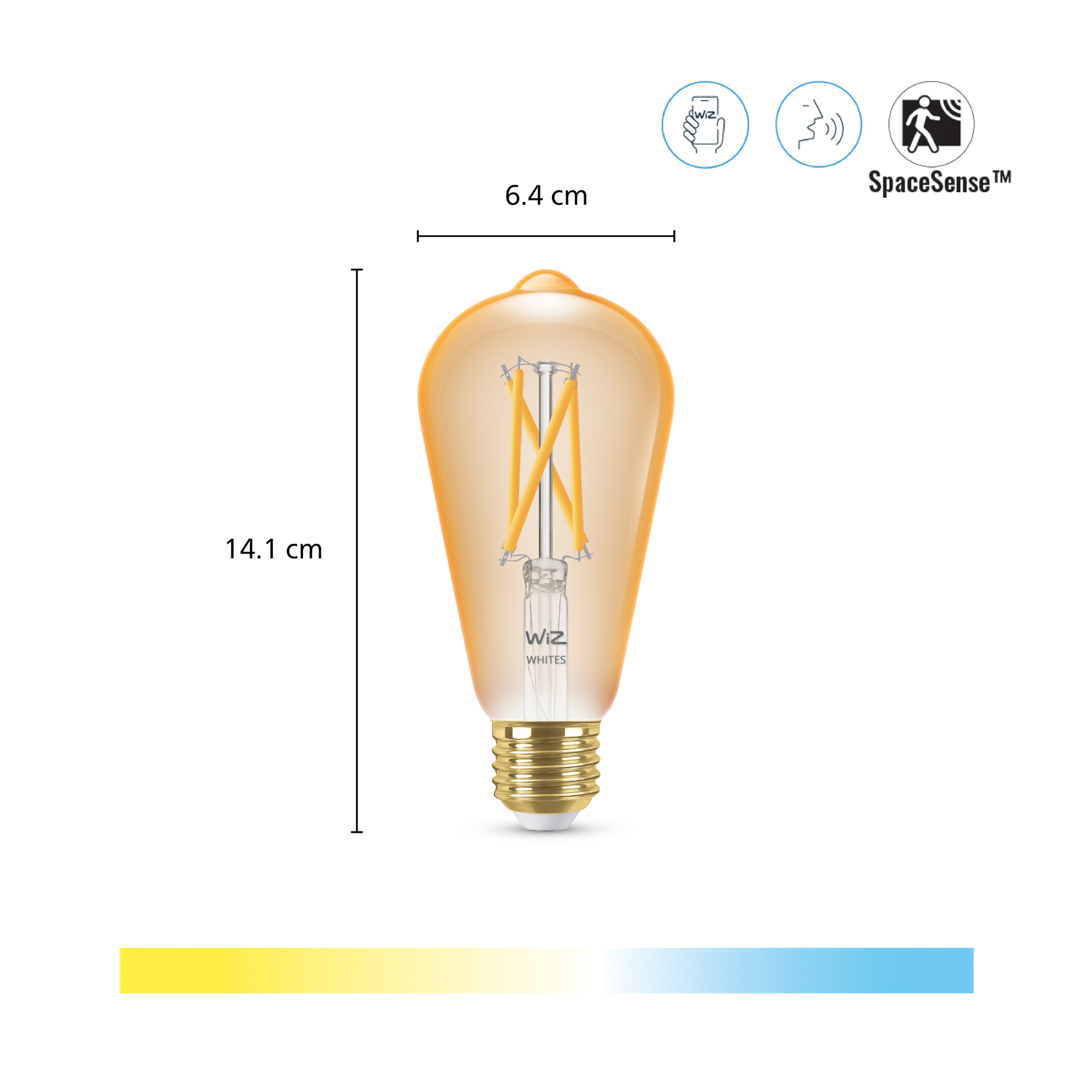 WiZ filament LED bulb showing dimensions of 14.1x6.4 cm, app control, voice, and motion sensor.