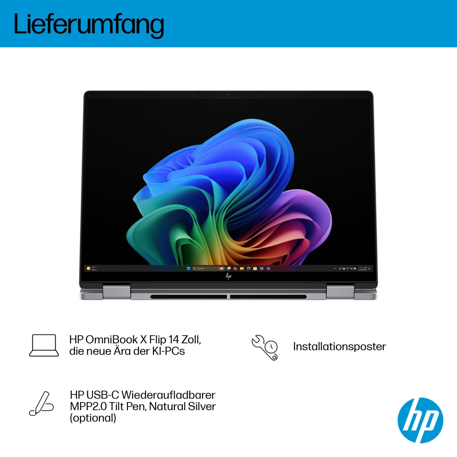 HP OmniBook X Flip 14 mit buntem Bildschirm, Stift und Postern.
