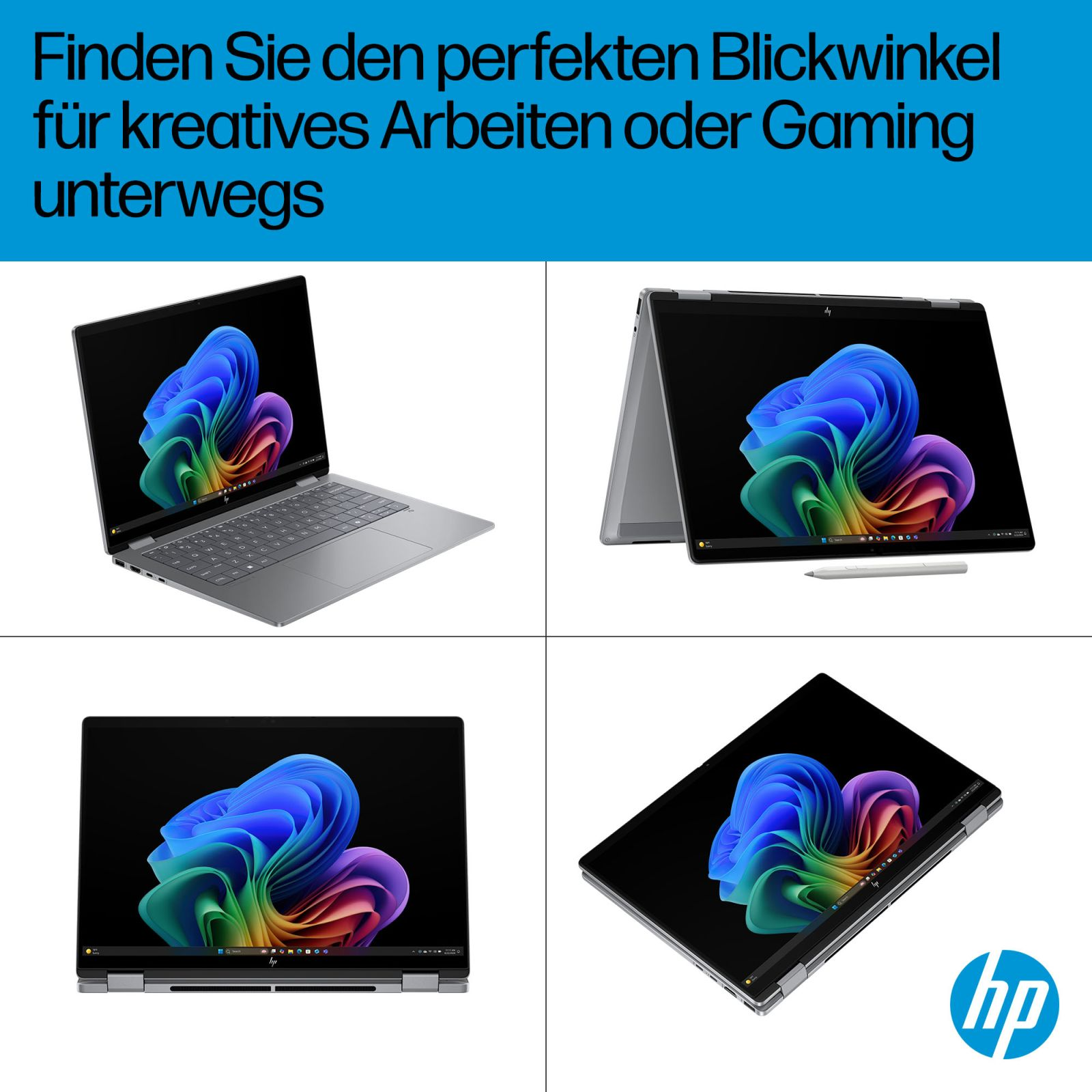 HP Laptop in vier verschiedenen Ansichten mit einem bunten abstrakten Hintergrund auf dem Display.
