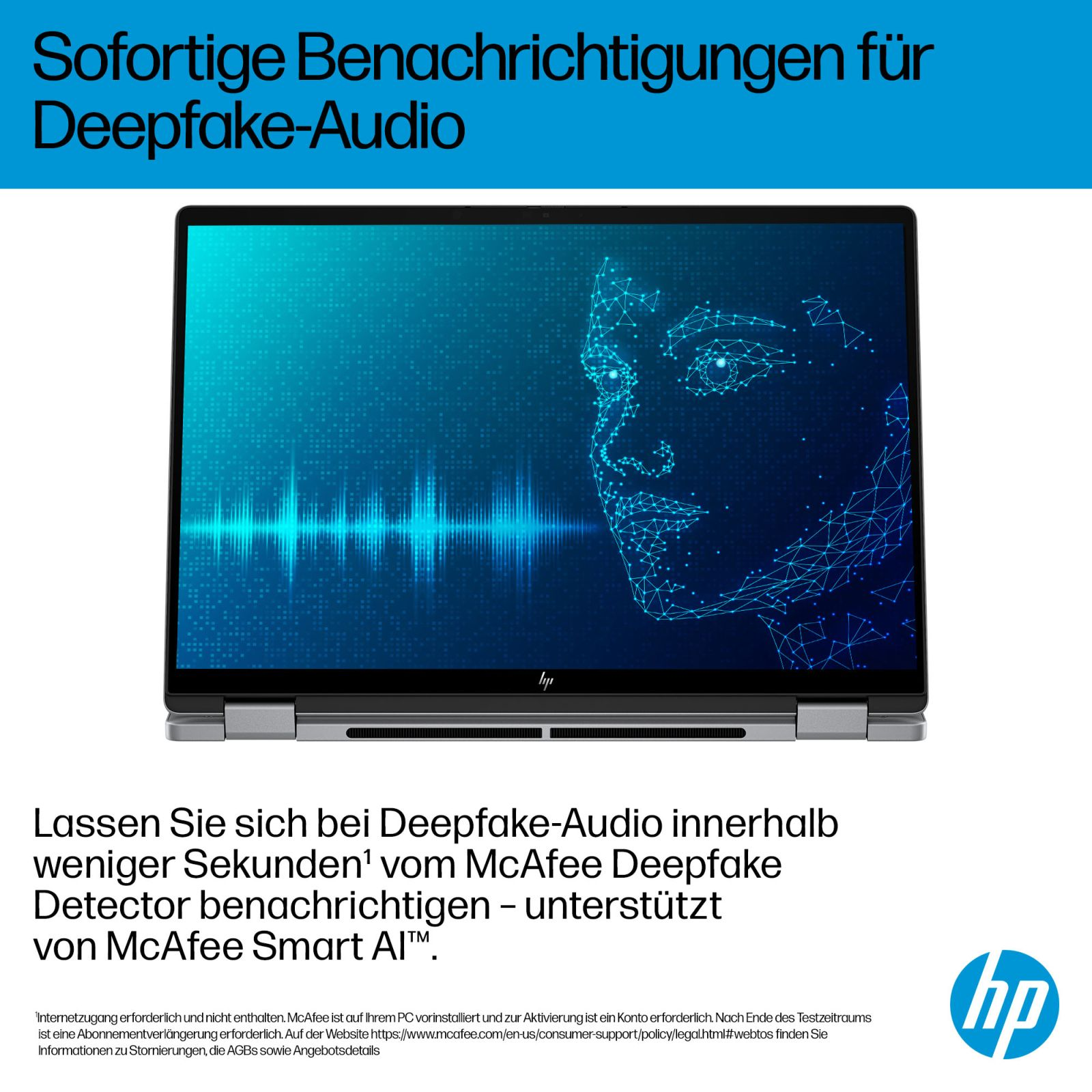 Laptop mit blauer KI-Gesichtsgrafik und Audio-Wellenform auf dem Bildschirm zur Deepfake-Erkennung.