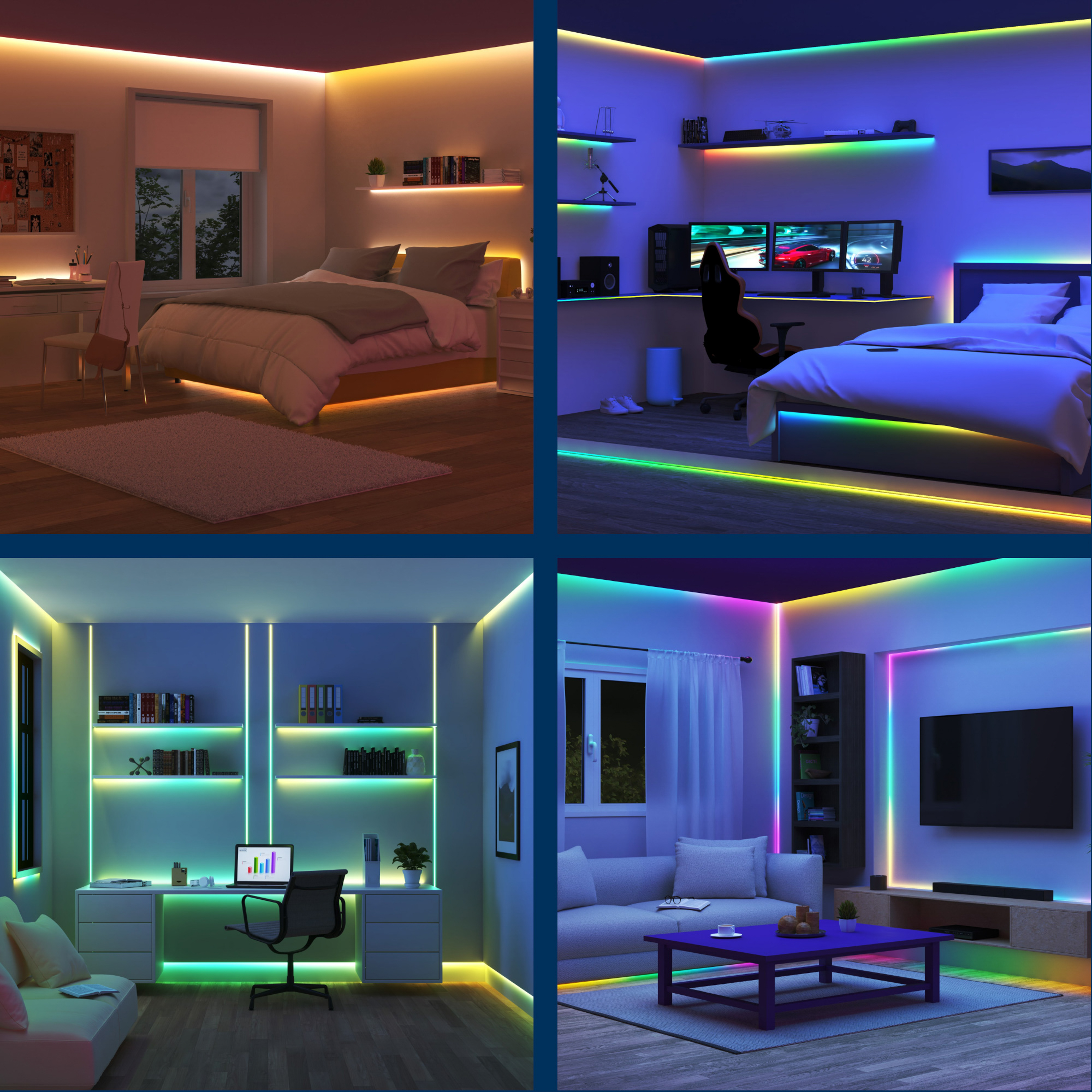 Quattro stanze illuminate con strisce LED colorate sotto mensole, soffitti e mobili.