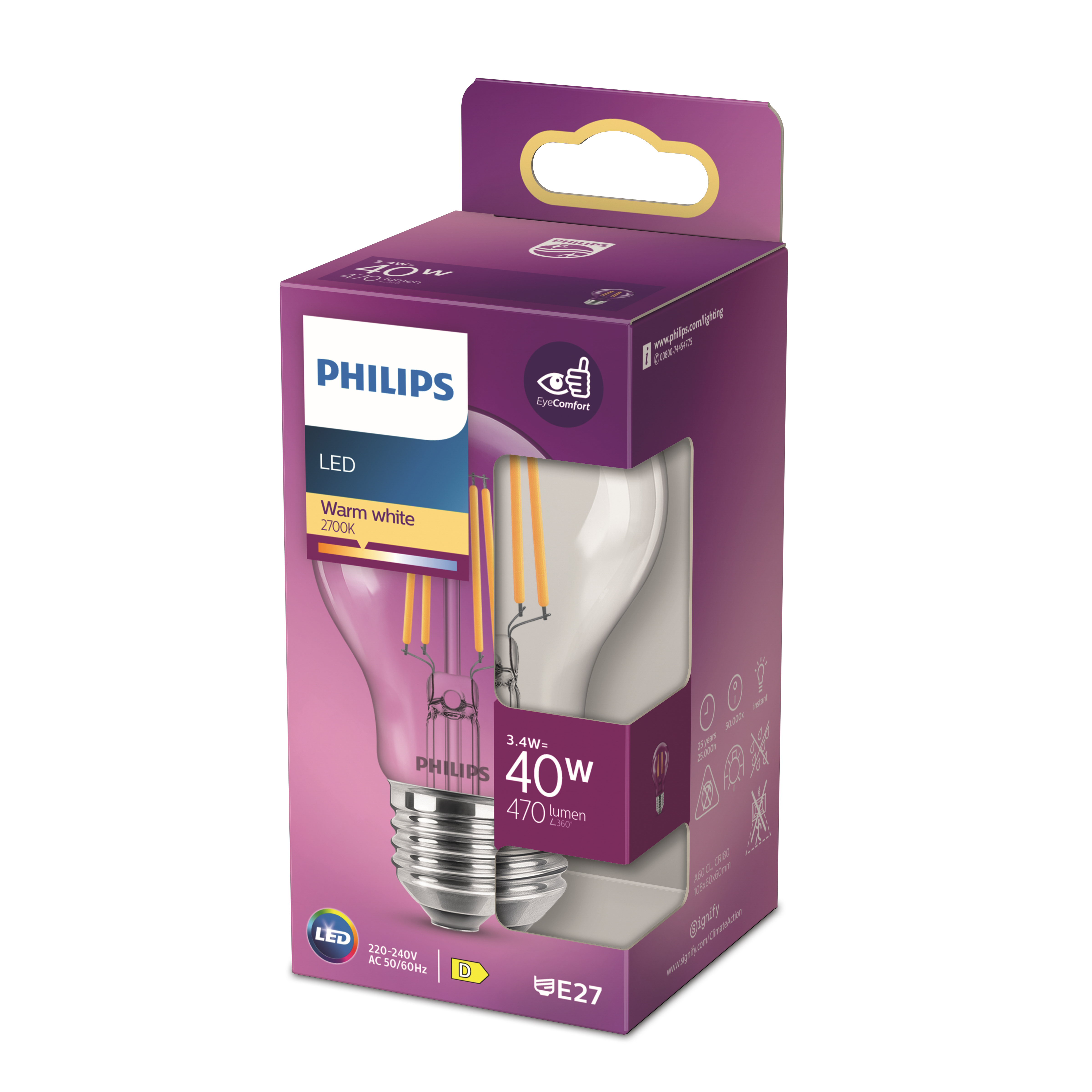 A purple Philips LED light bulb packaging shows a warm white 40W bulb with an E27 base.