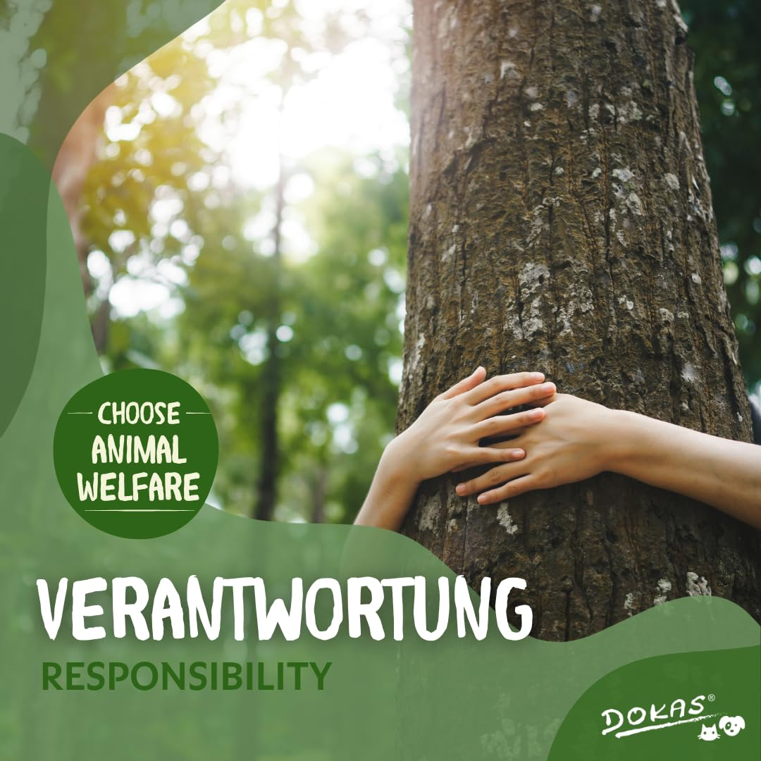 Hände umarmen einen Baumstamm im Wald mit sonnigem Hintergrund und Text über Verantwortung.